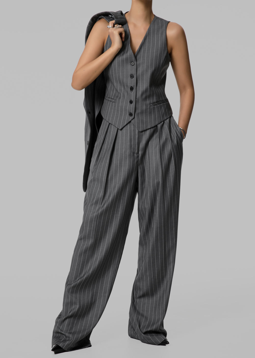 Holland Pleated Trousers - Charcoal/White Pinstripe - 1