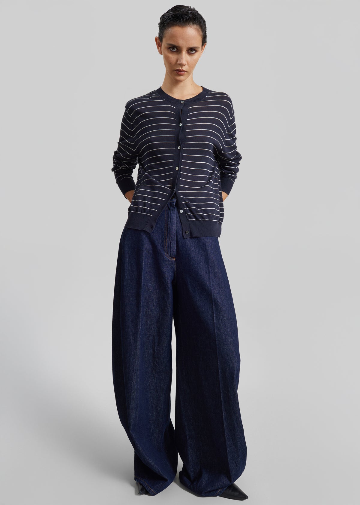 Cardigan Hossegor en maille fine - Rayures bleu marine/blanc - 5