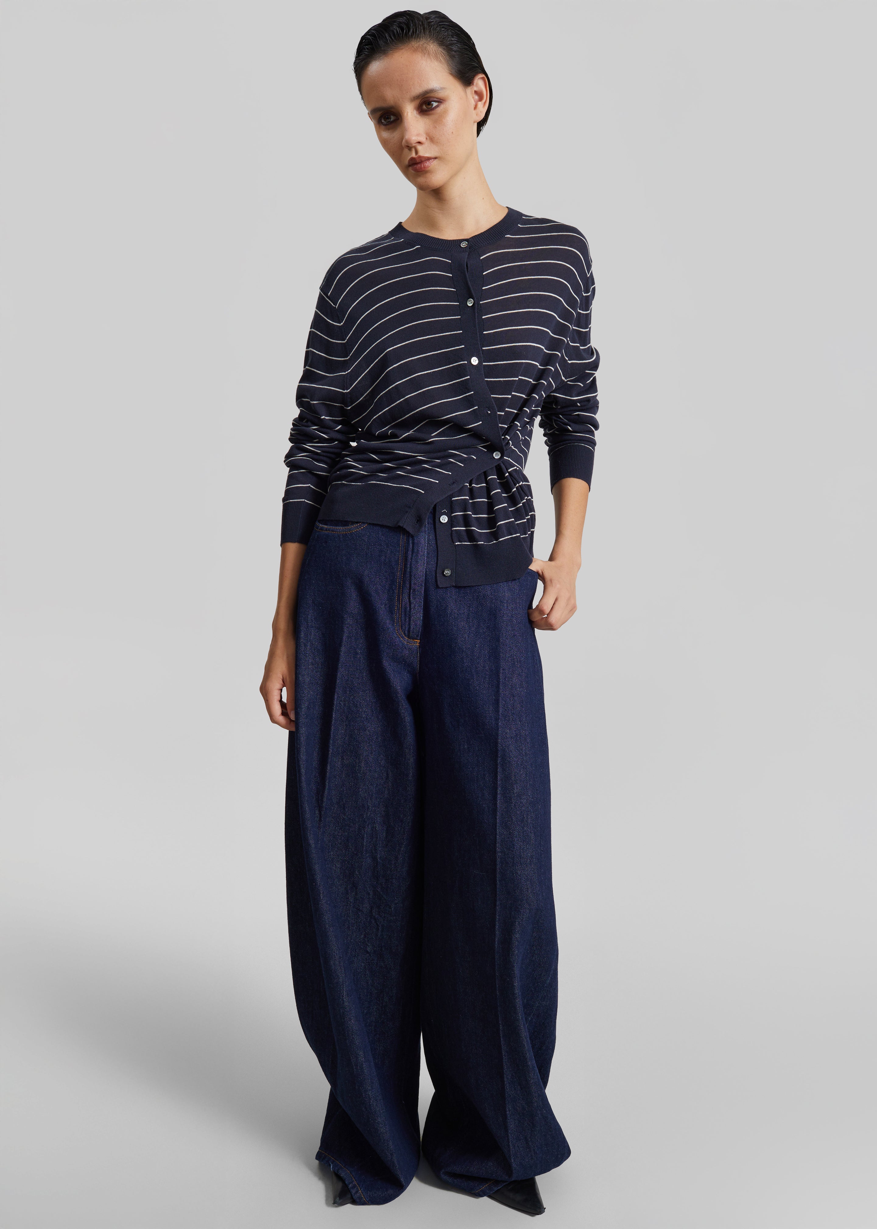 Cardigan Hossegor en maille fine - Rayures bleu marine/blanc - 6