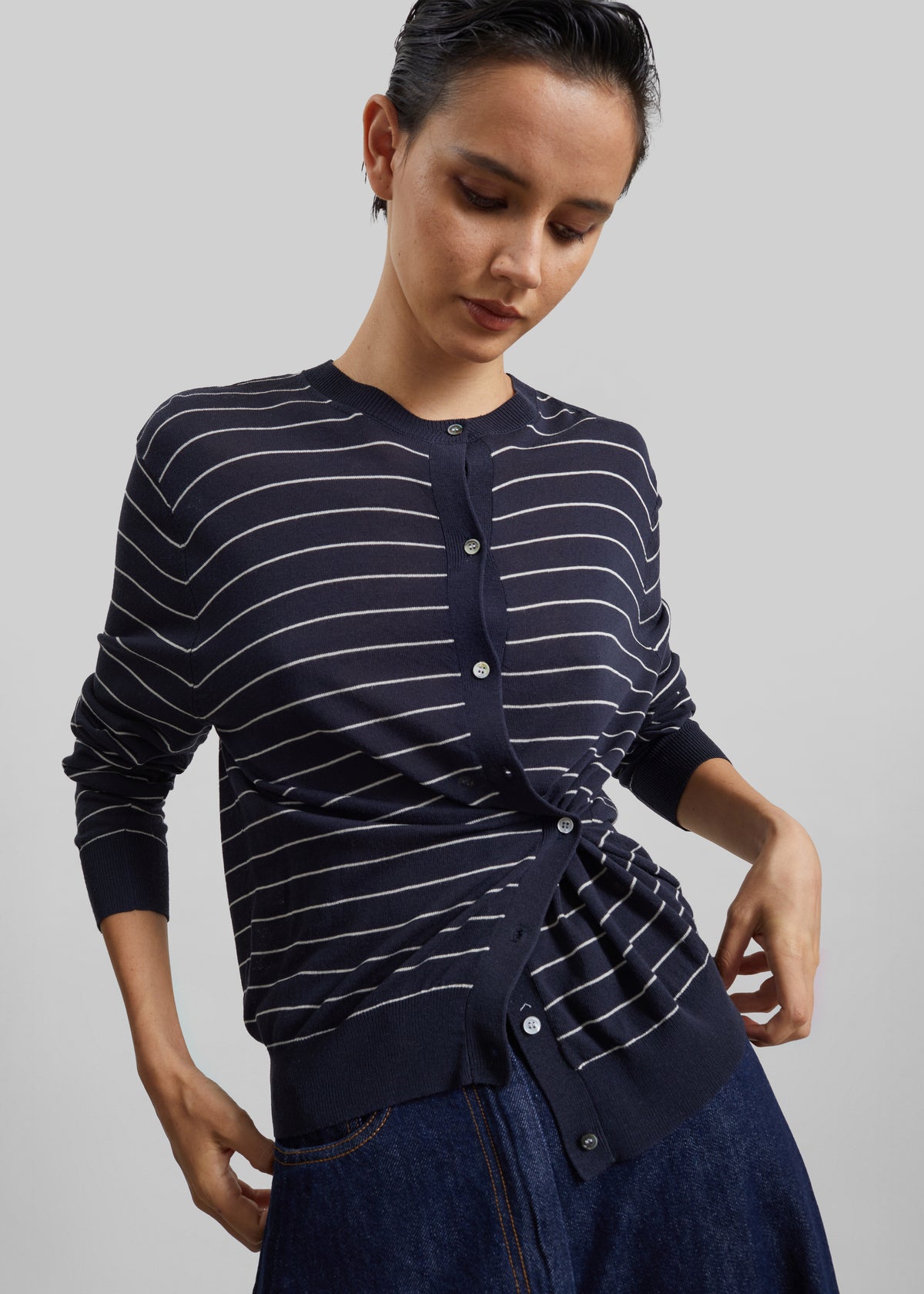 Cardigan Hossegor en maille fine - Rayures bleu marine/blanc - 7
