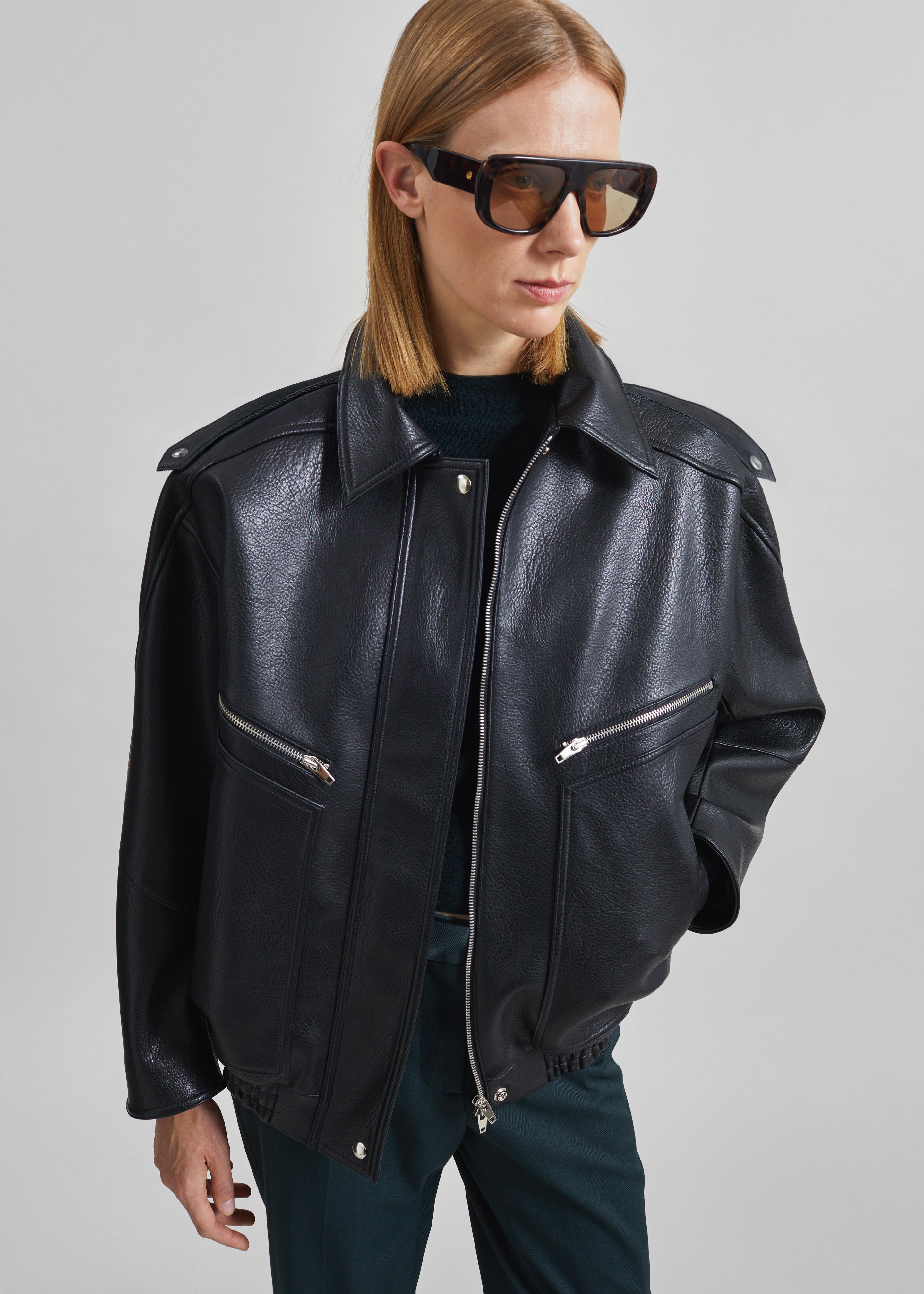 Hudson Faux Leather Bomber Jacket - Black - 1
