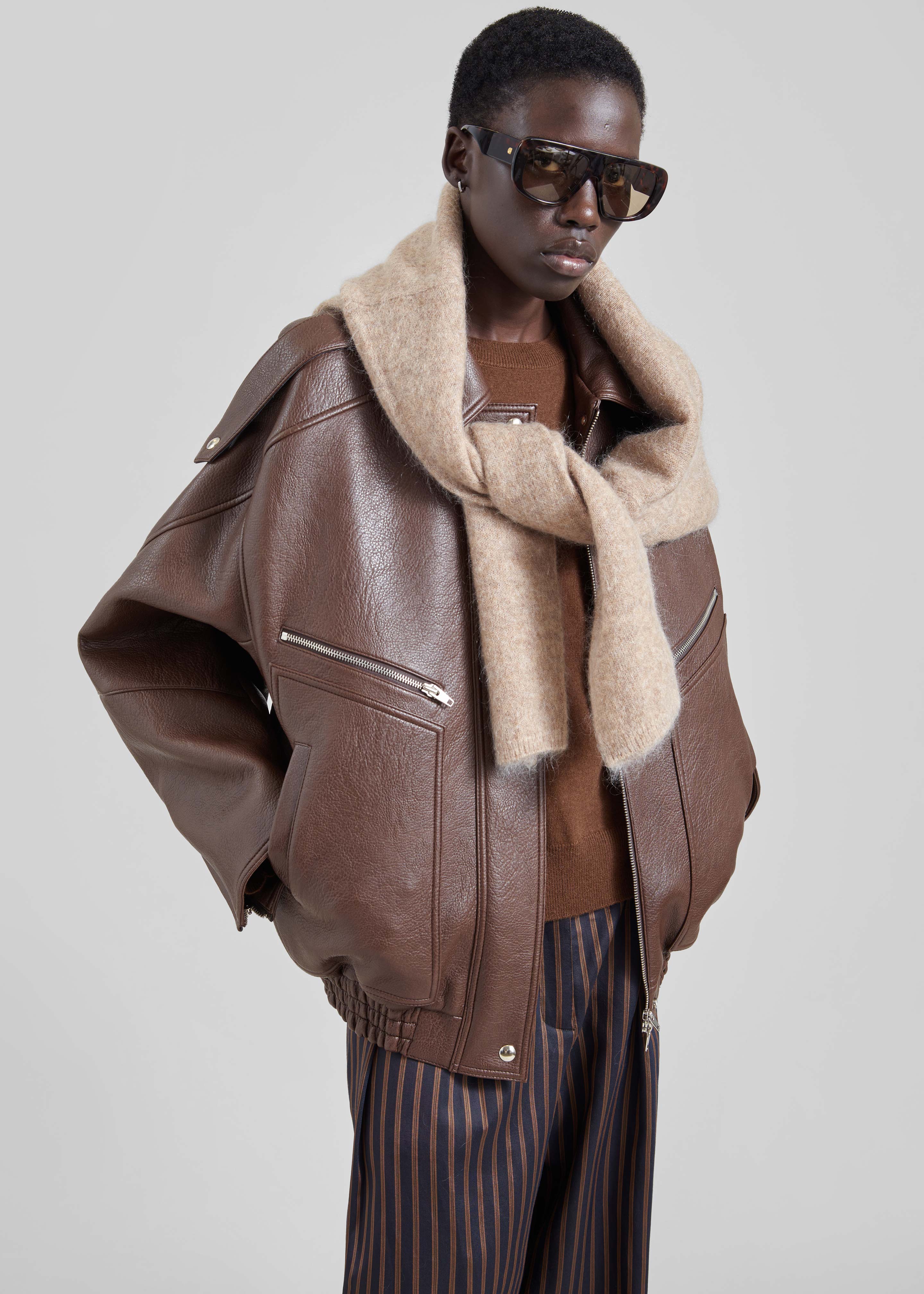 Hudson Faux Leather Bomber Jacket - Brown - 2