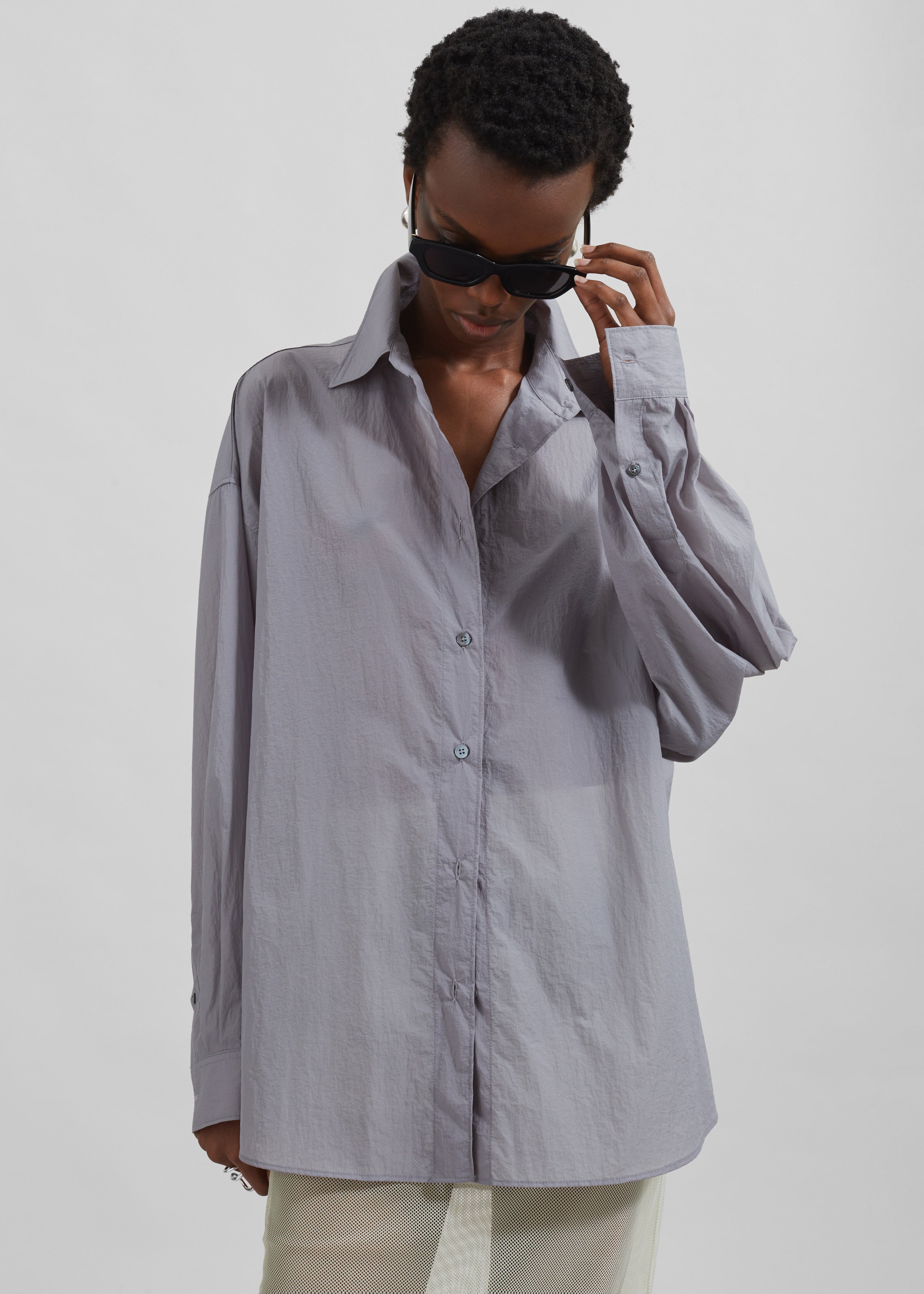 Ira Semi Sheer Button Up Shirt - Grey - 2