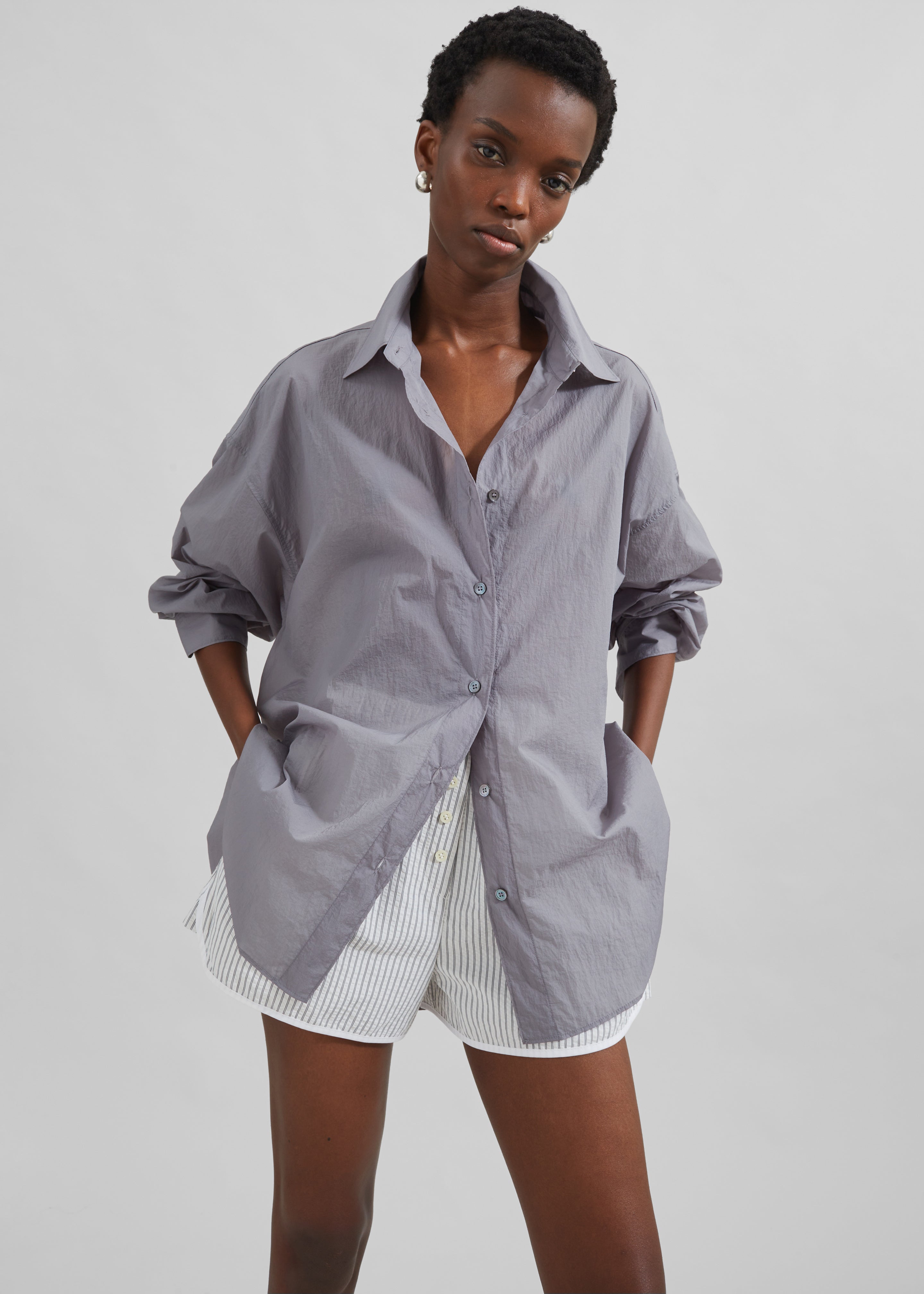 Ira Semi Sheer Button Up Shirt - Grey - 7