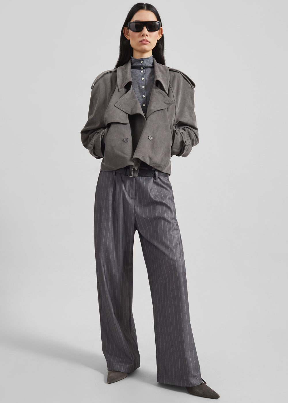 Islington Faux Suede Cropped Trench - Grey - 1