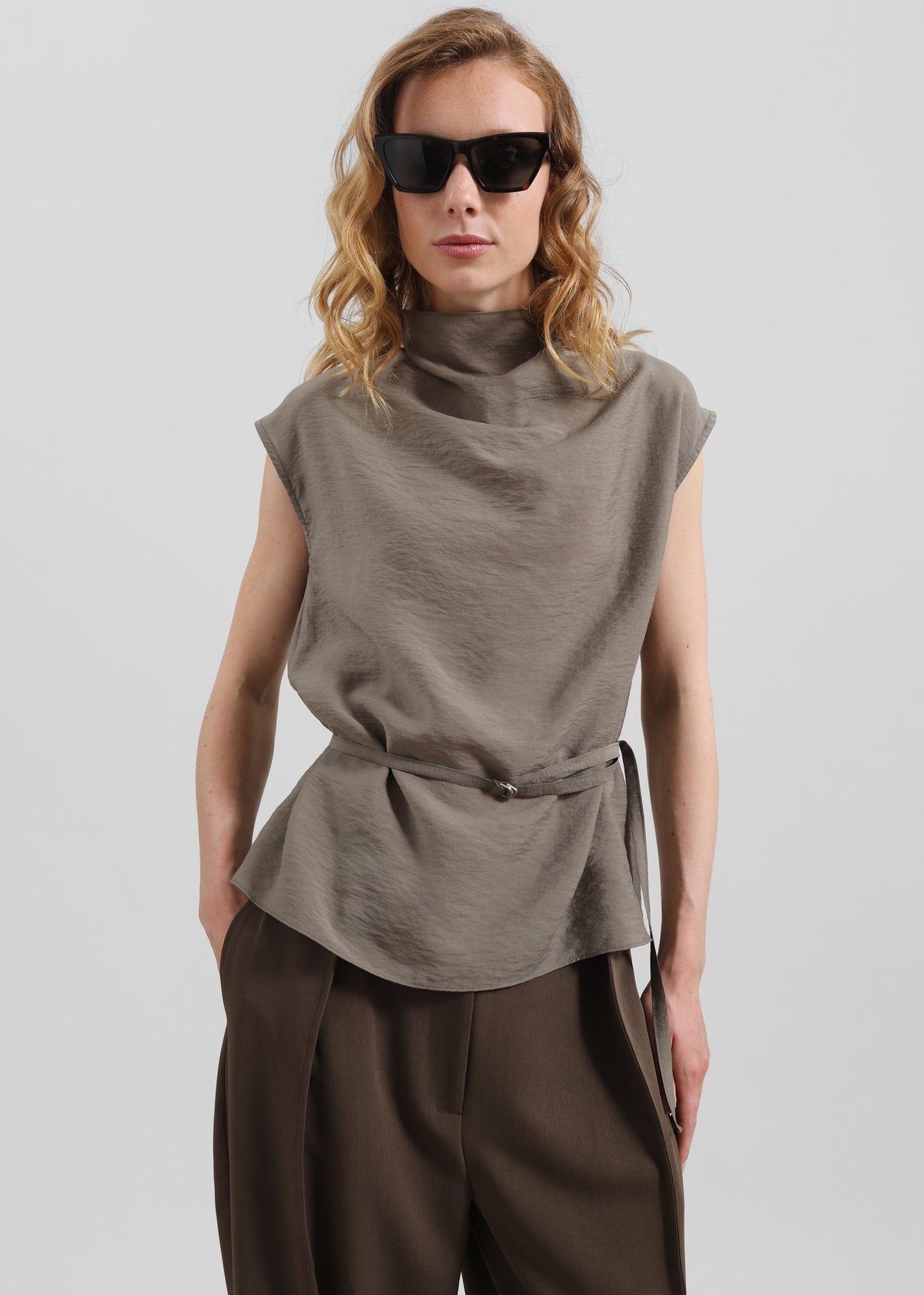 Ivara Fluid Belted Top - Dark Taupe - 1