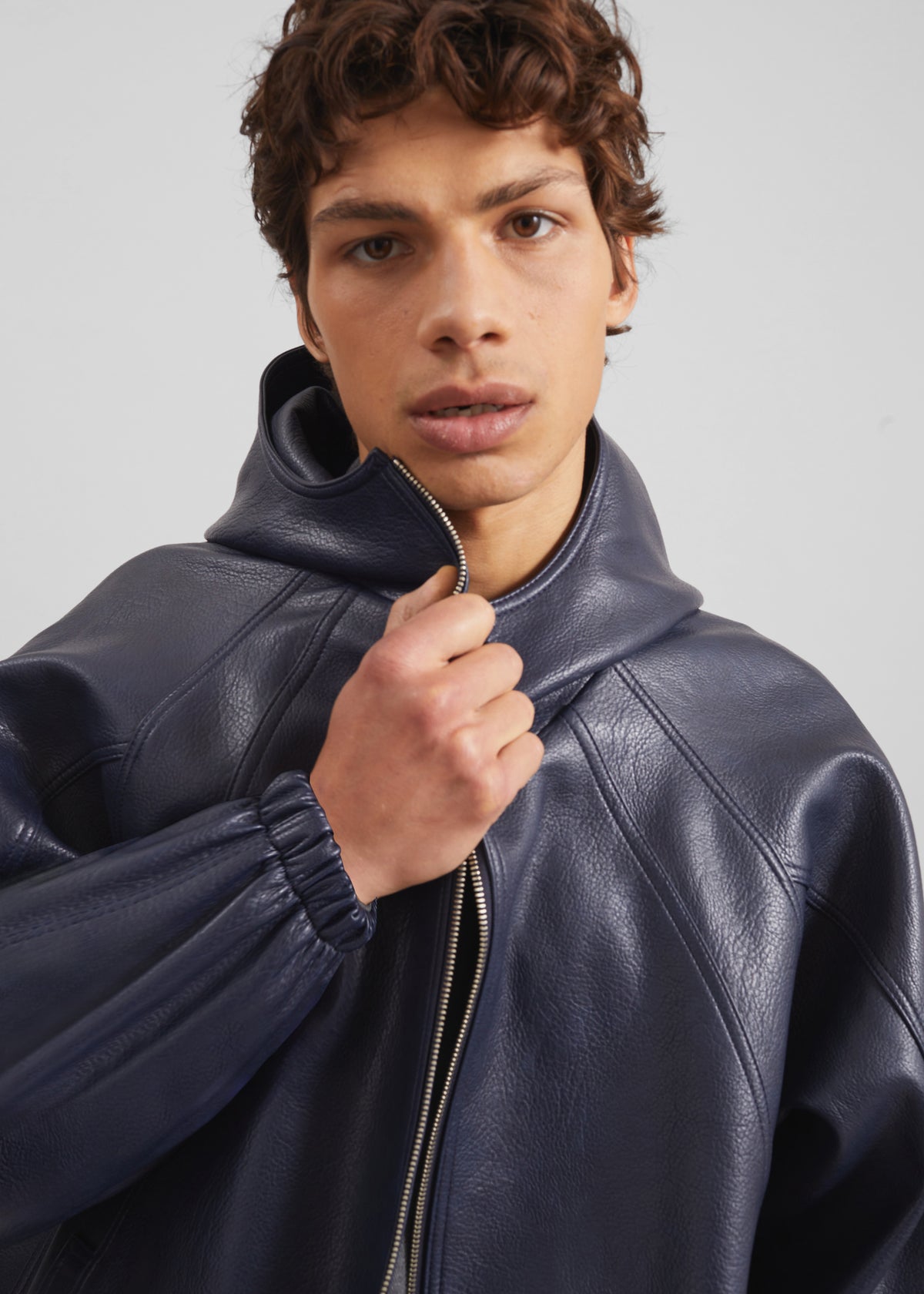 Iver Faux Leather Hooded Jacket - Navy - 7