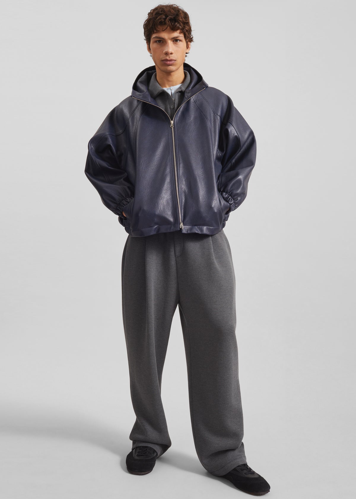 Iver Faux Leather Hooded Jacket - Navy - 4