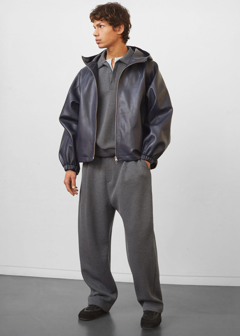 Iver Faux Leather Hooded Jacket - Navy