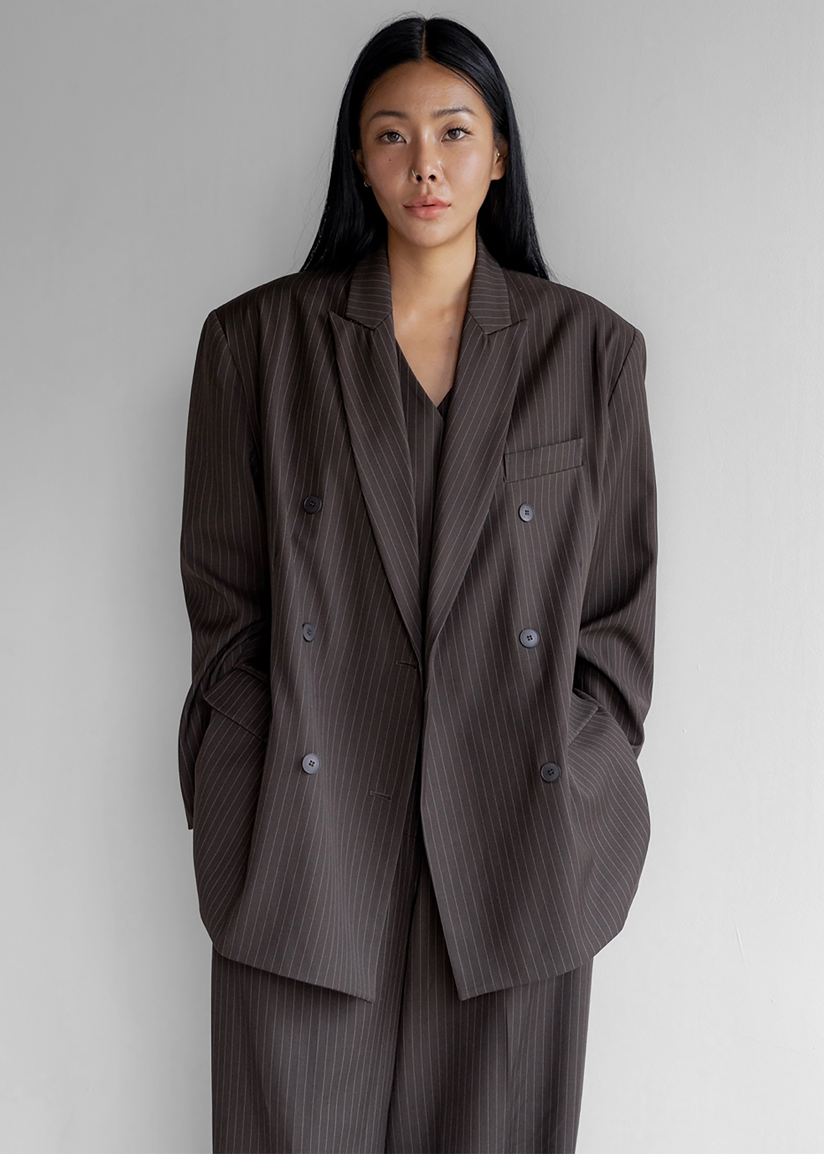 Ivey Double Breasted Blazer - Brown/White Pinstripe - 7