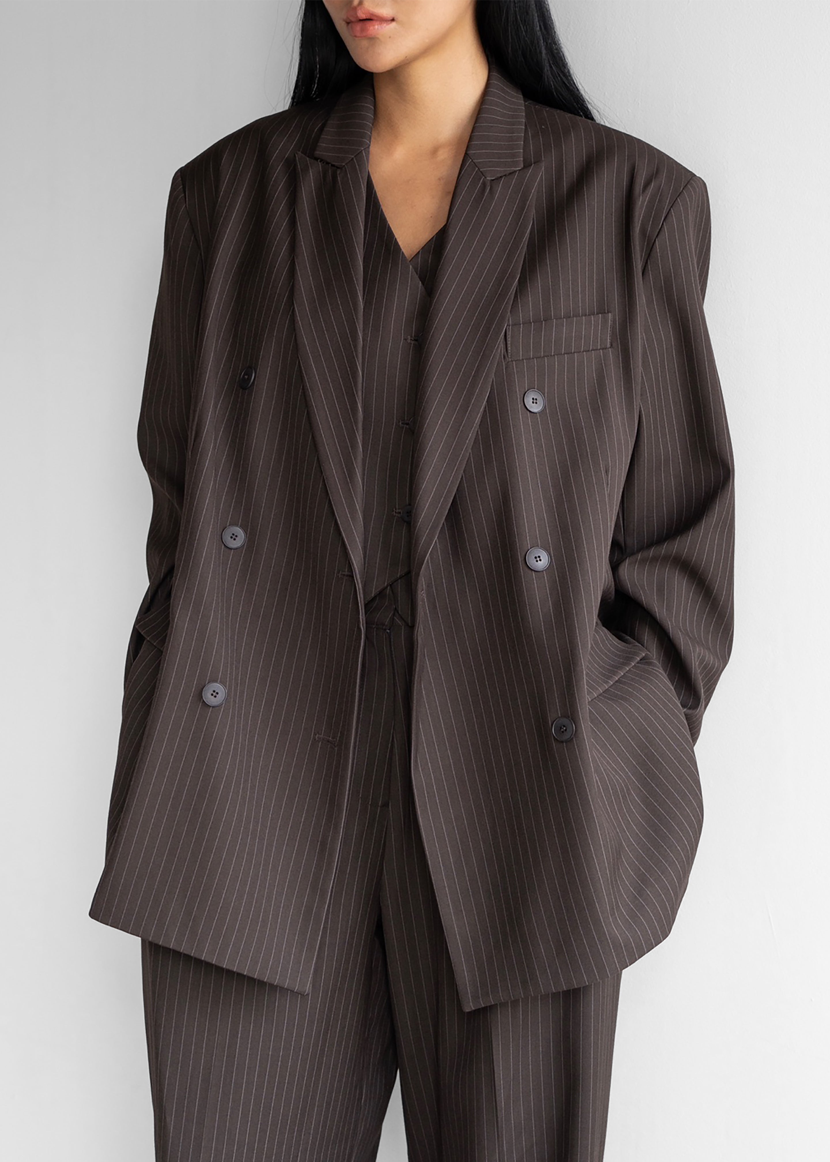 Ivey Double Breasted Blazer - Brown/White Pinstripe - 8