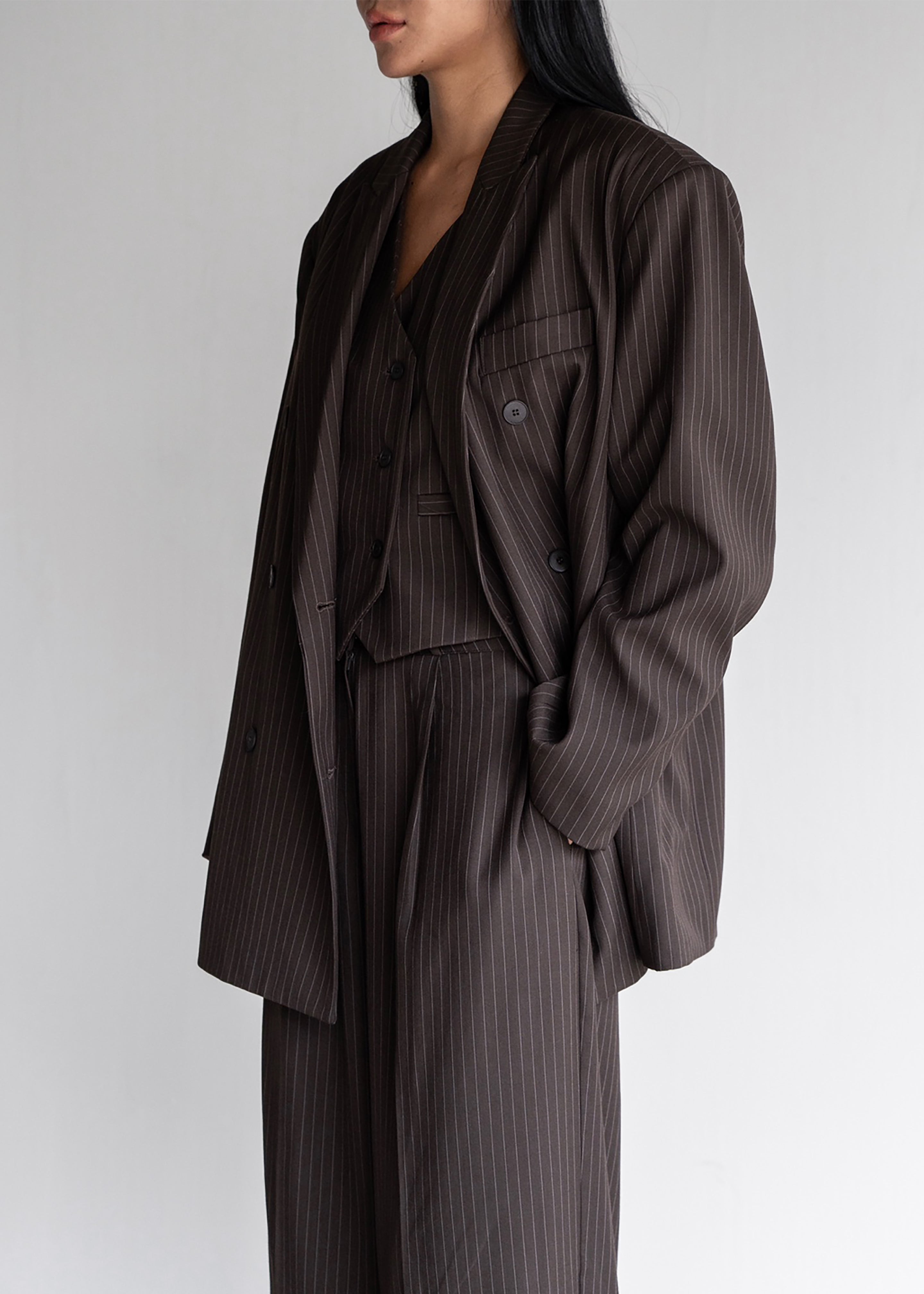 Ivey Double Breasted Blazer - Brown/White Pinstripe - 11