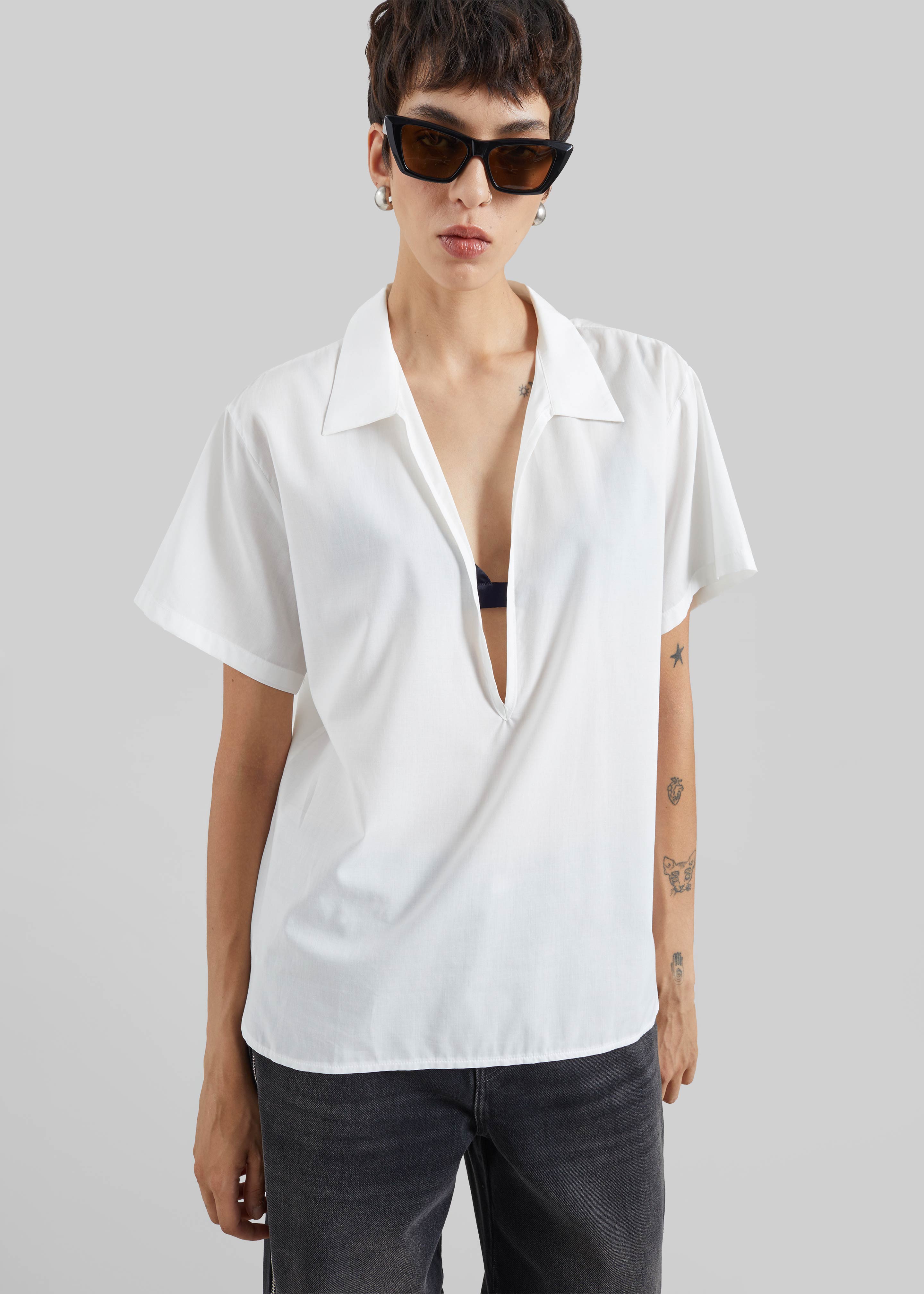 Izella Deep V Neck Shirt - White - 4