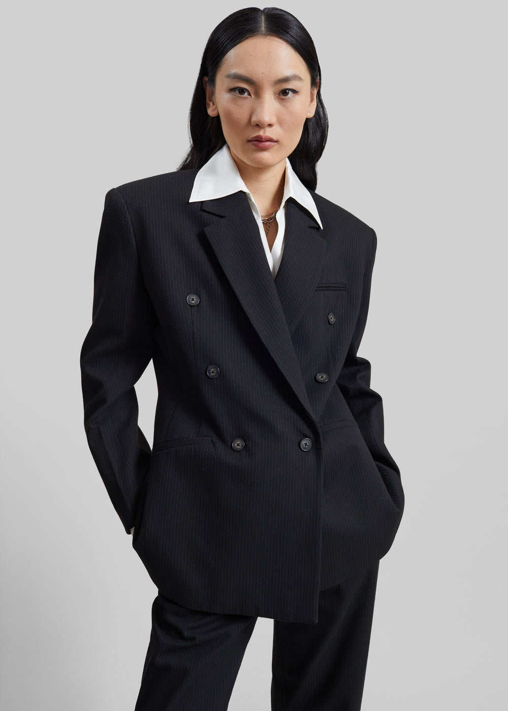 Jade Double-Breasted Blazer - Black/White Pinstripe - 1