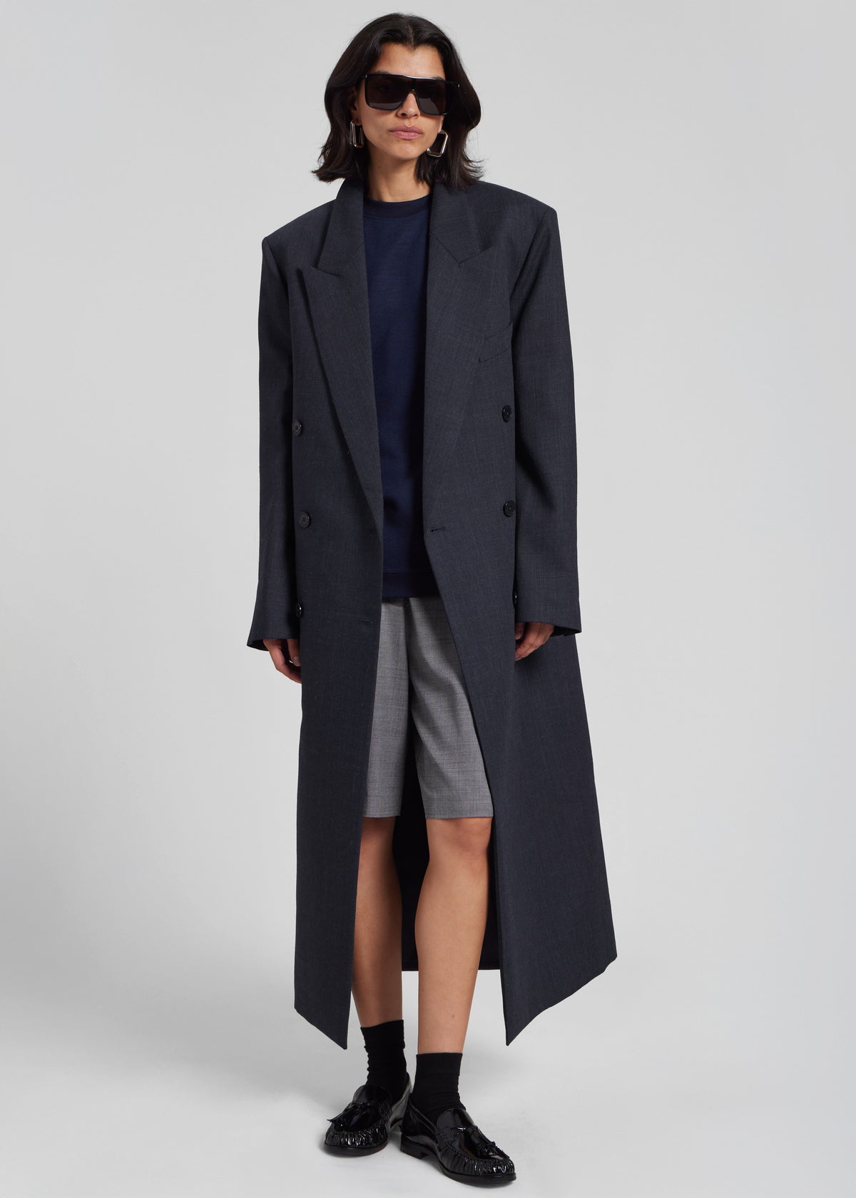 Jane Plaid Long Coat - Navy - 1