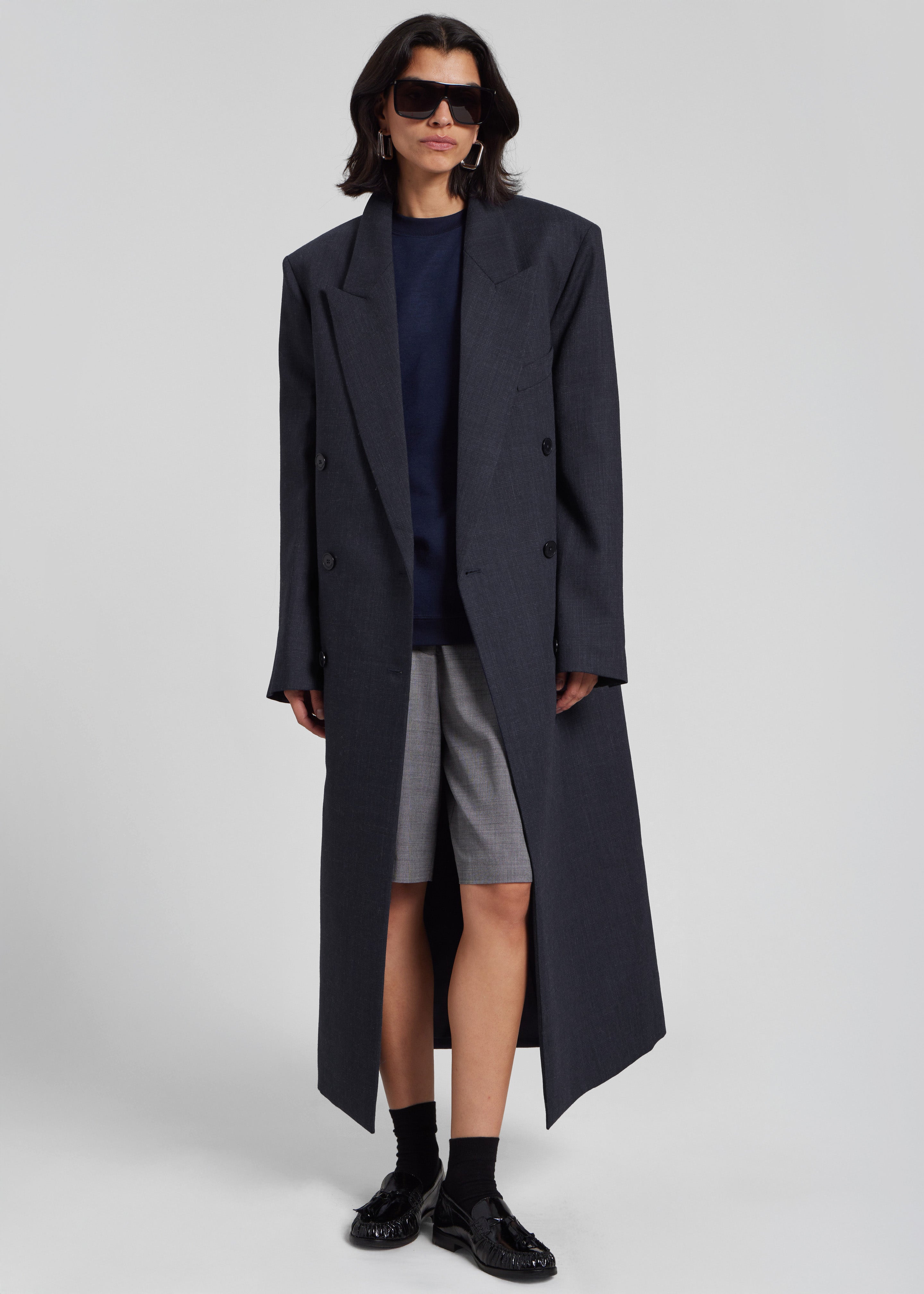 Jane Plaid Long Coat - Navy - 1