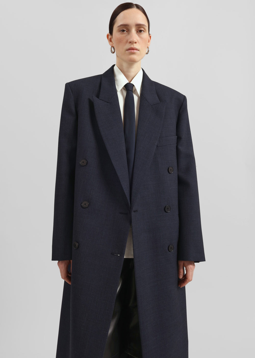 Jane Plaid Long Coat - Navy