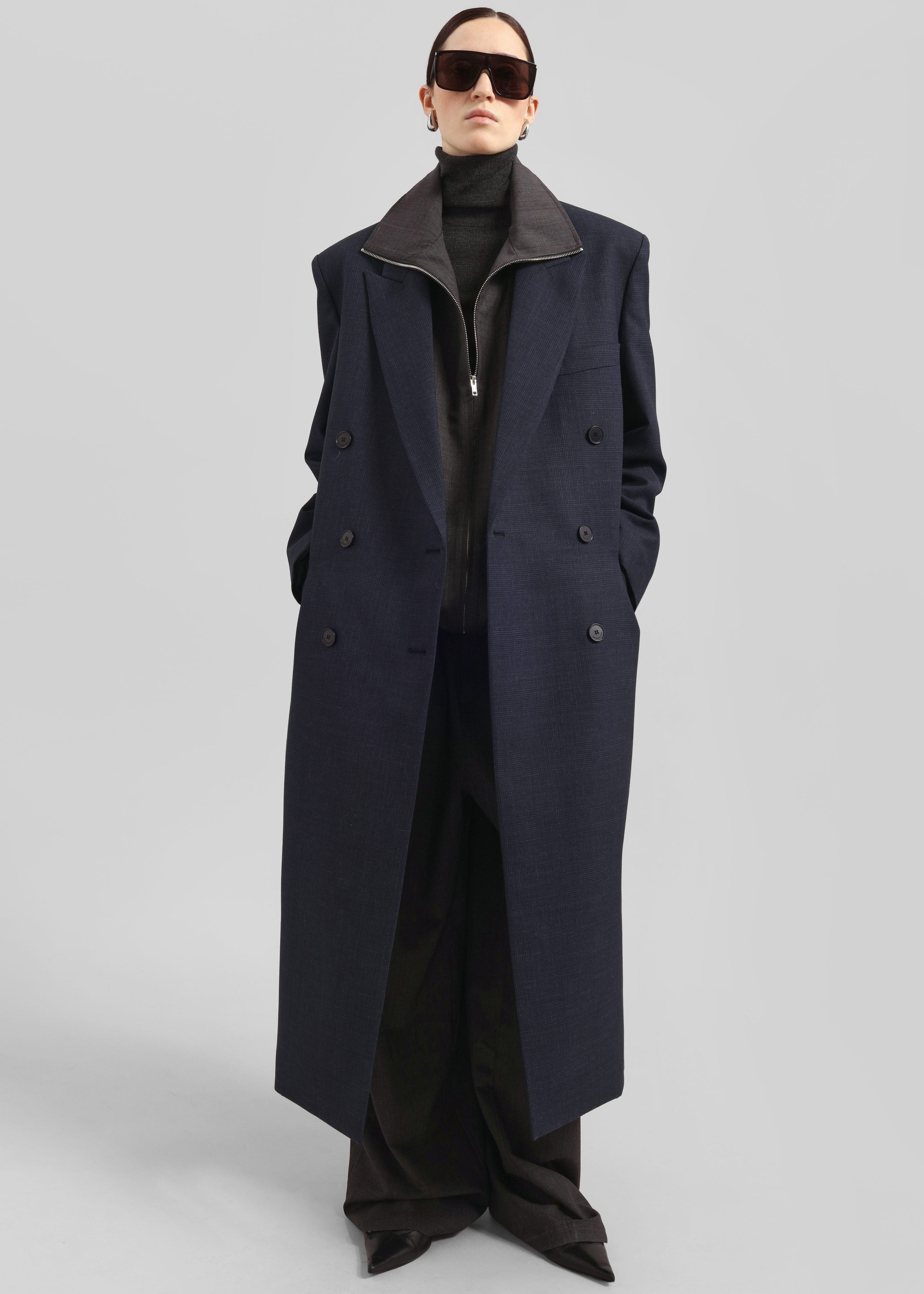 Jane Plaid Long Coat - Navy - 9
