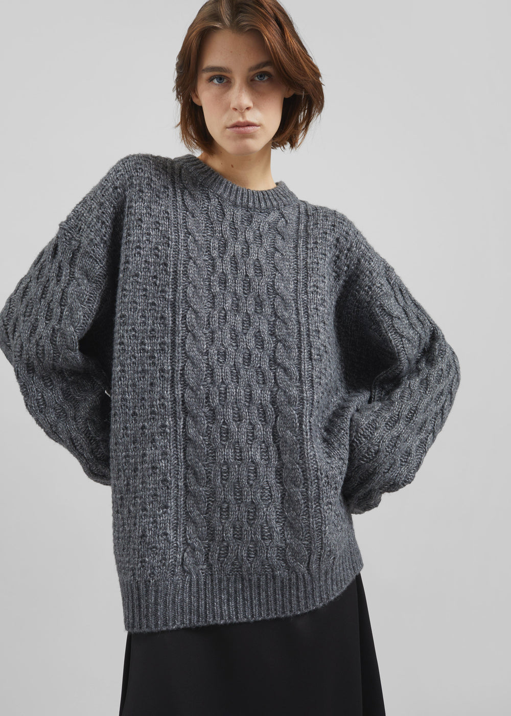 Janesen Oversized Cable Knit Sweater - Grey Melange - 1
