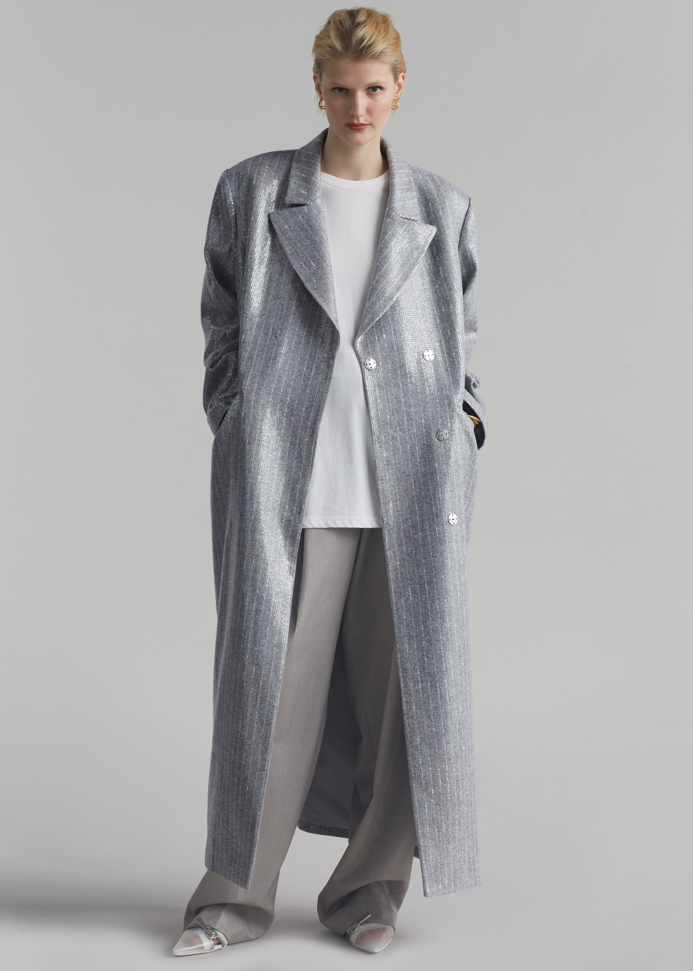 Jennifer Sequins Coat - Grey/White Stripe - 1