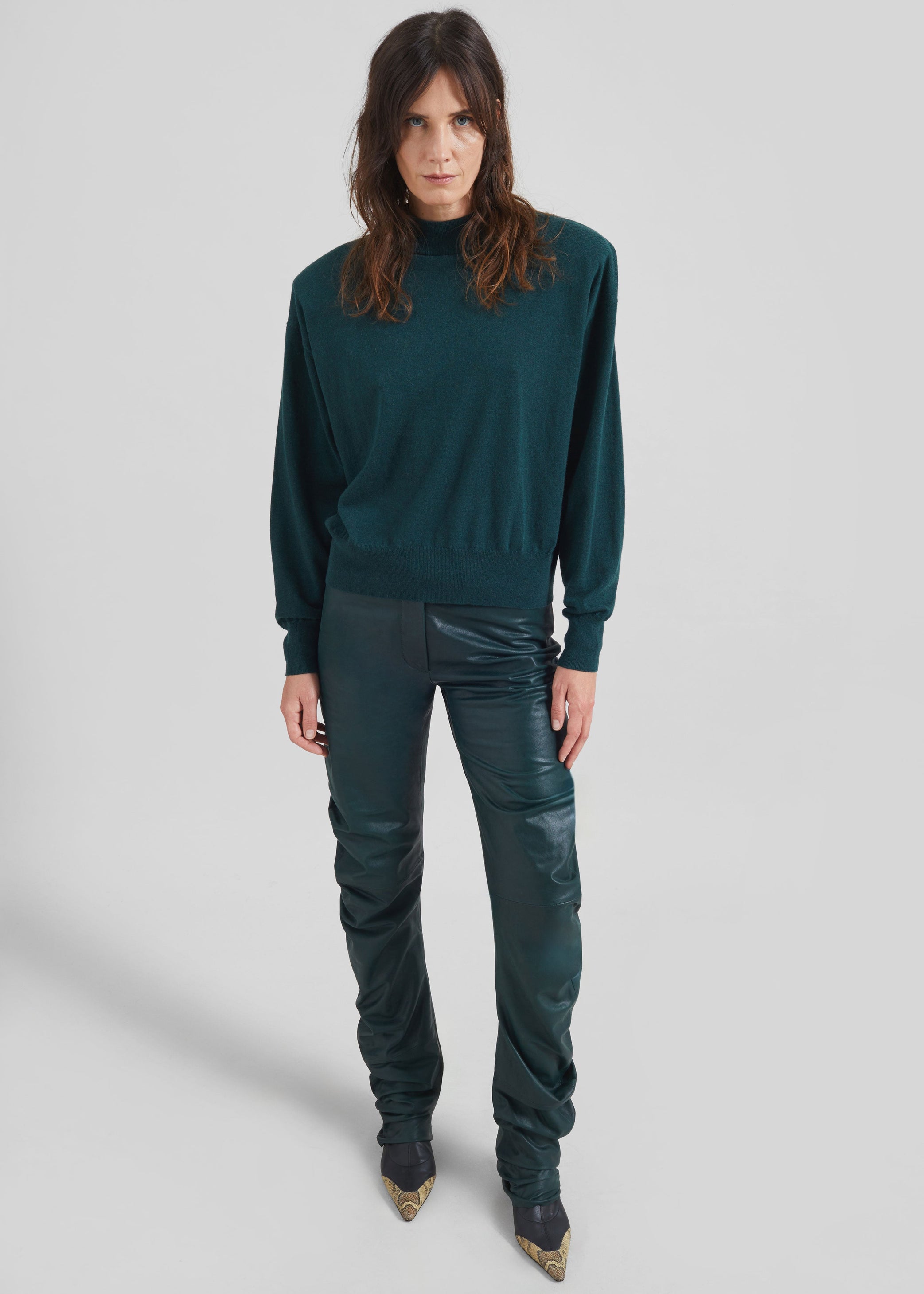 Shop the look image for Jessa Leather Ruched Pants - Bottle Green