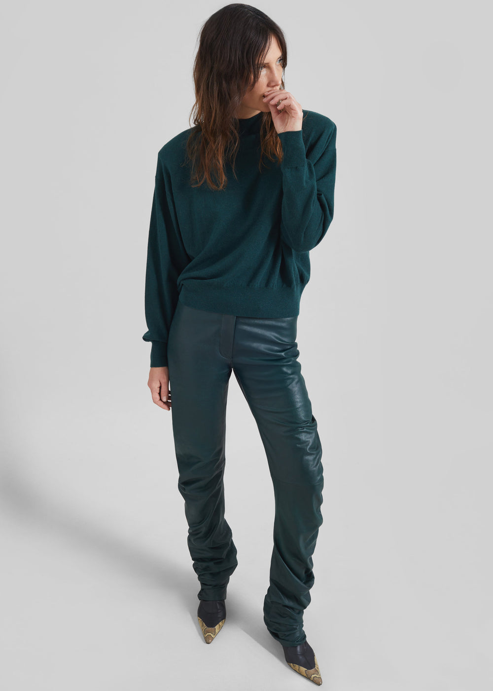 Jessa Leather Ruched Pants - Bottle Green