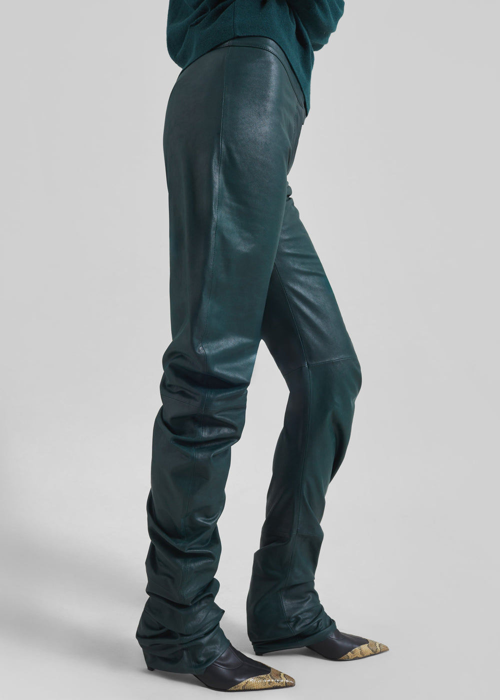 Jessa Leather Ruched Pants - Bottle Green - 1