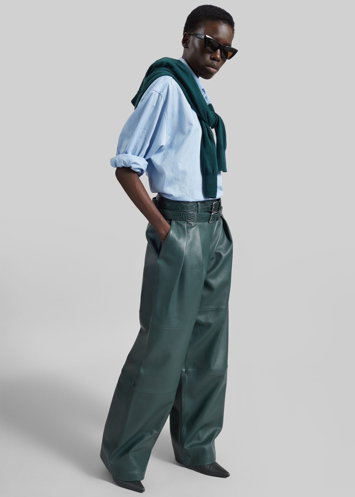 Pantalon Jeva en similicuir à doubles passants de ceinture - Vert bouteille