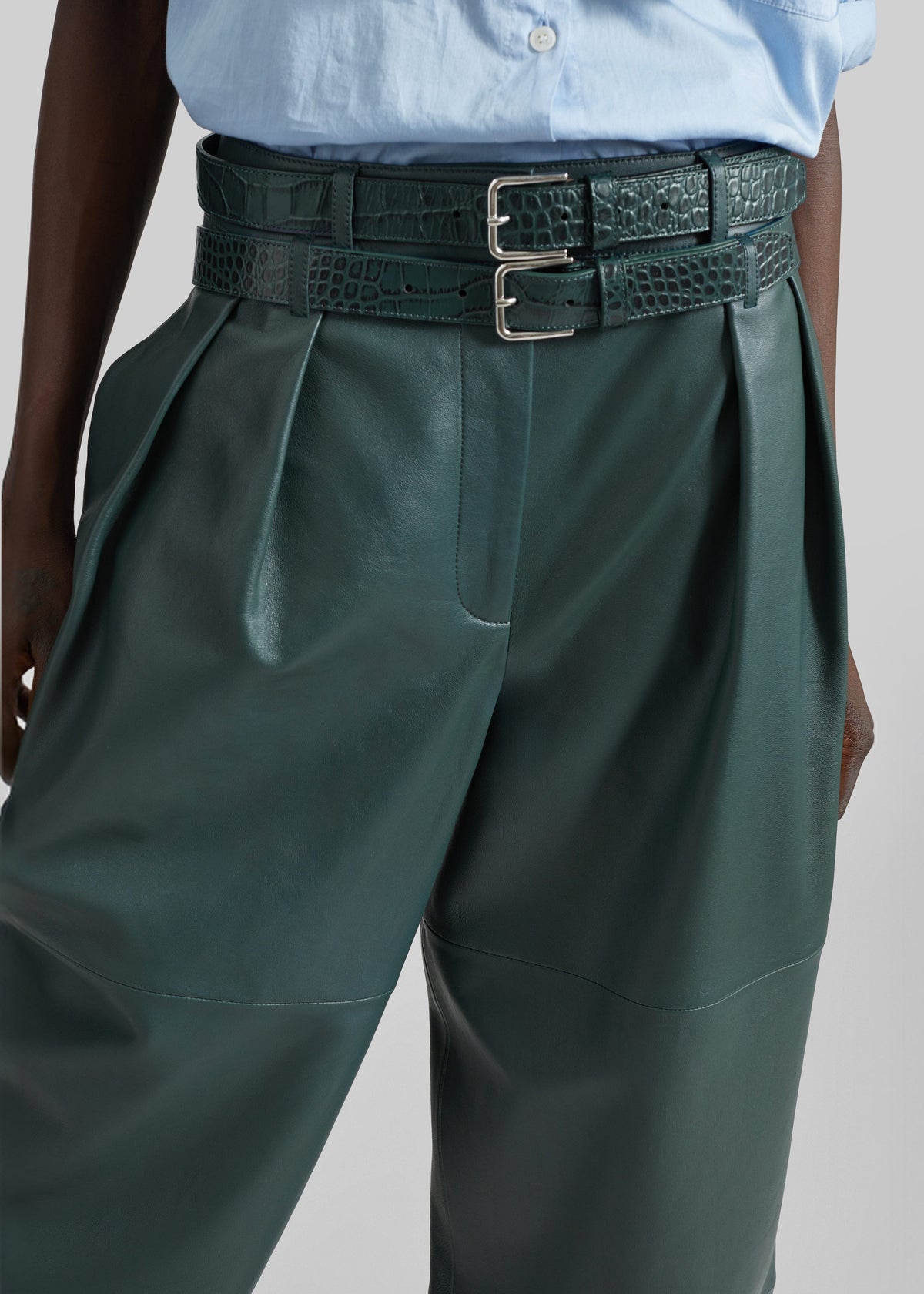 Pantalon Jeva en similicuir à doubles passants de ceinture - Vert bouteille