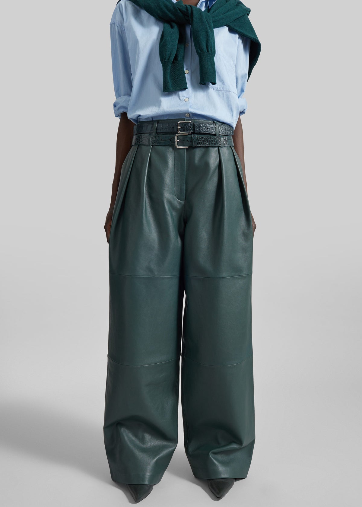 Pantalon Jeva en similicuir à doubles passants de ceinture - Vert bouteille