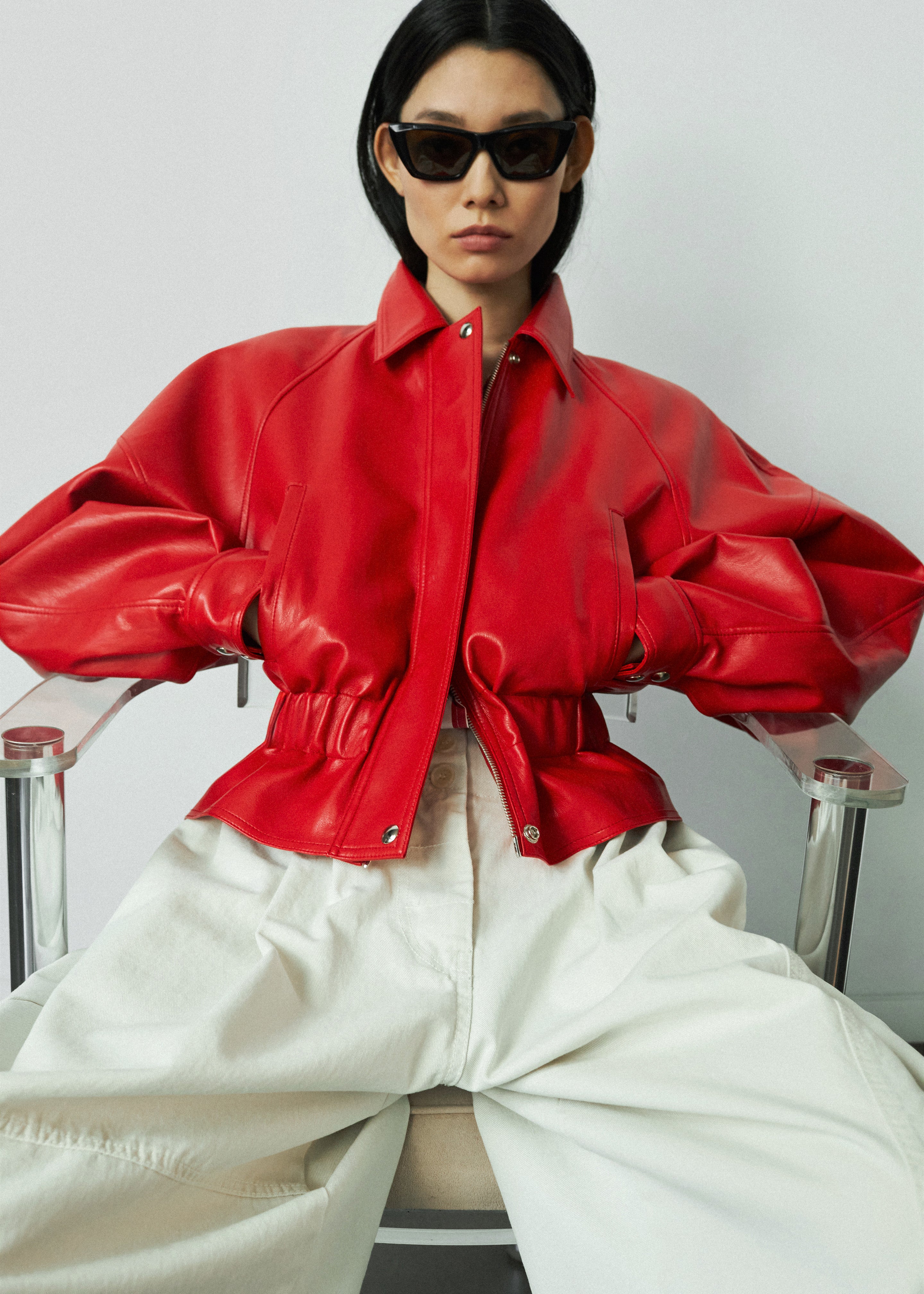 Kalsta Faux Leather Peplum Jacket - Red - 7