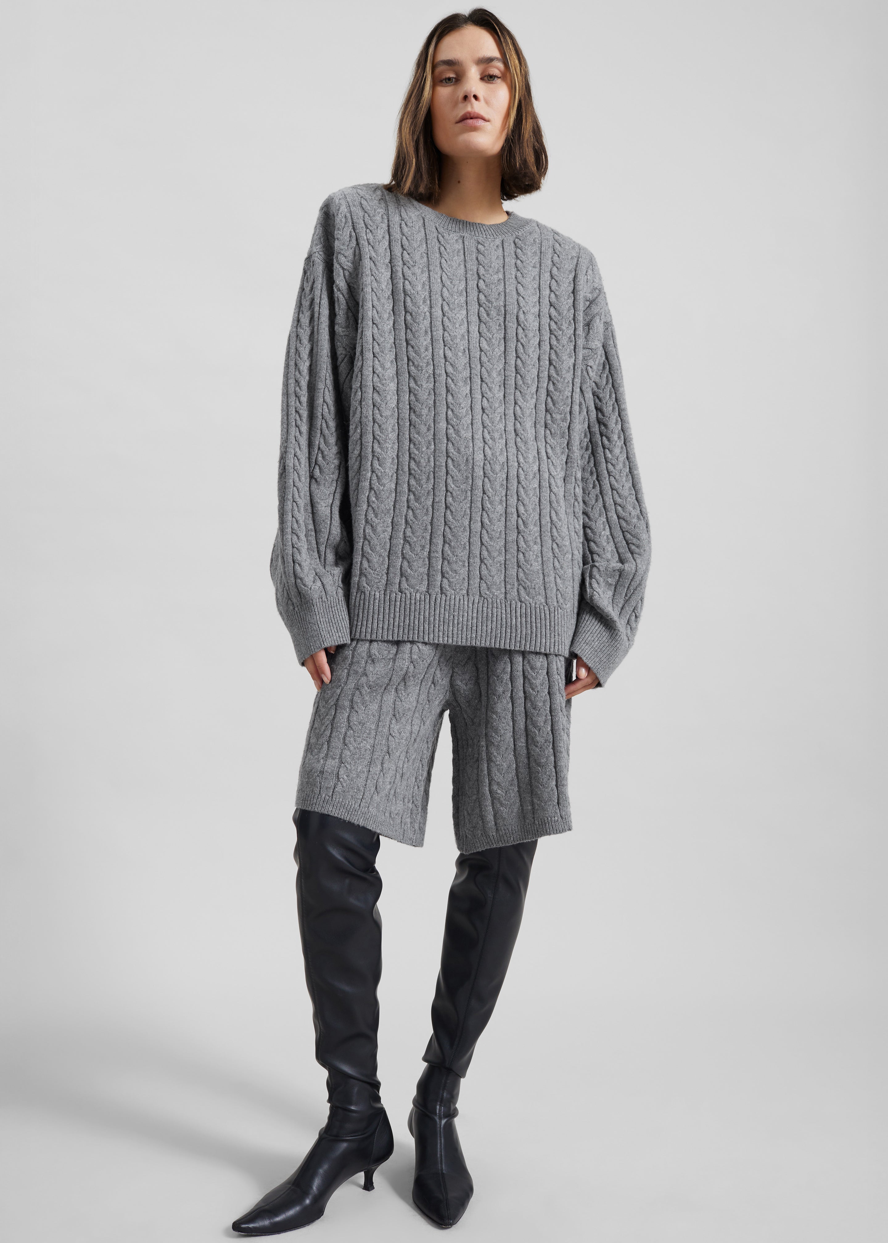 Karmoy Cable Knit Padded Sweater - Grey - 4