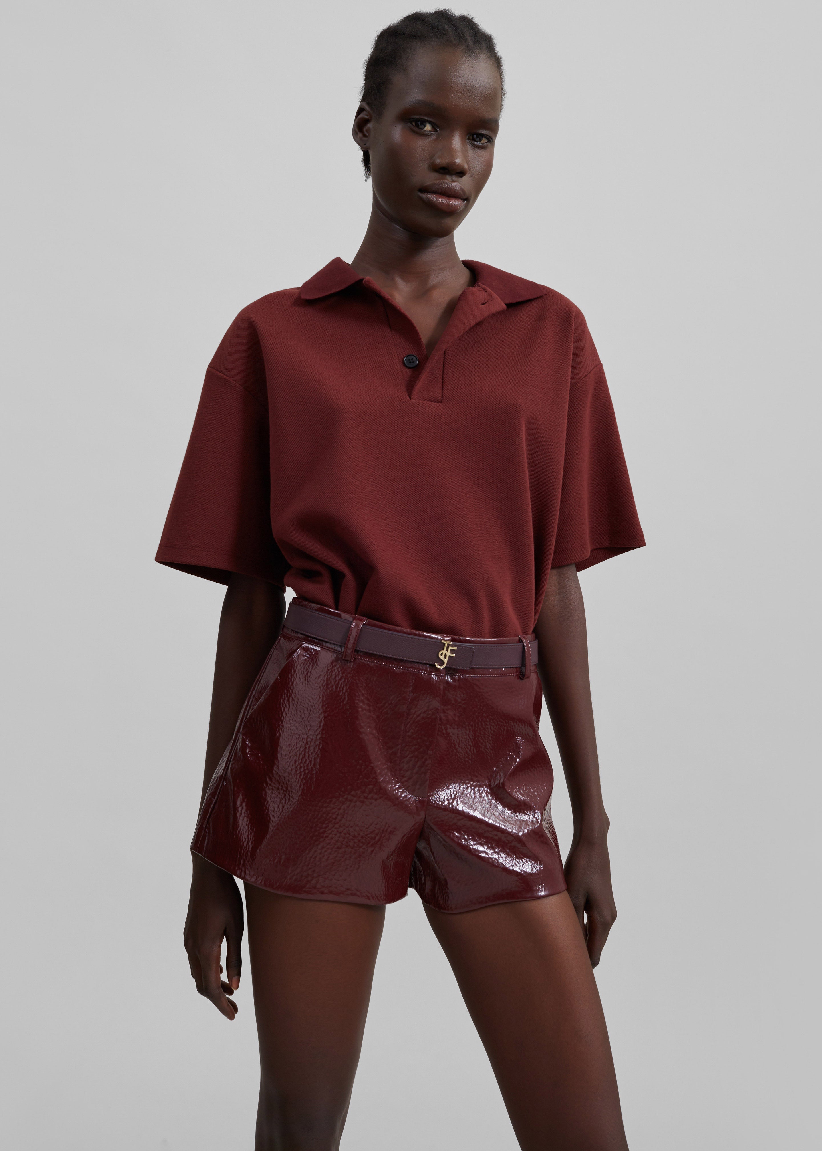 Kate Crackled Faux Leather Mini Shorts - Burgundy - 6