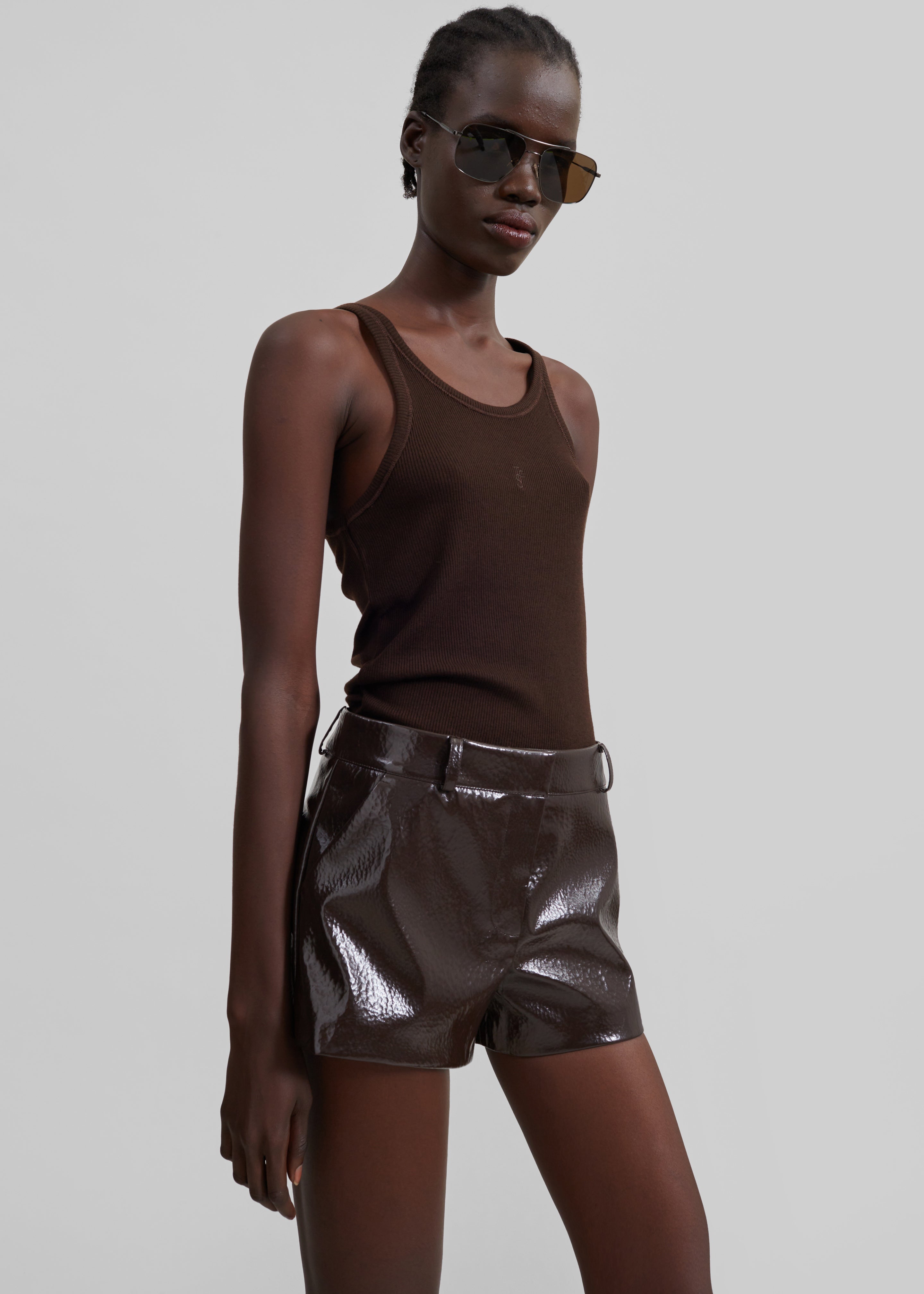 Kate Crackled Faux Leather Mini Shorts - Brown - 5