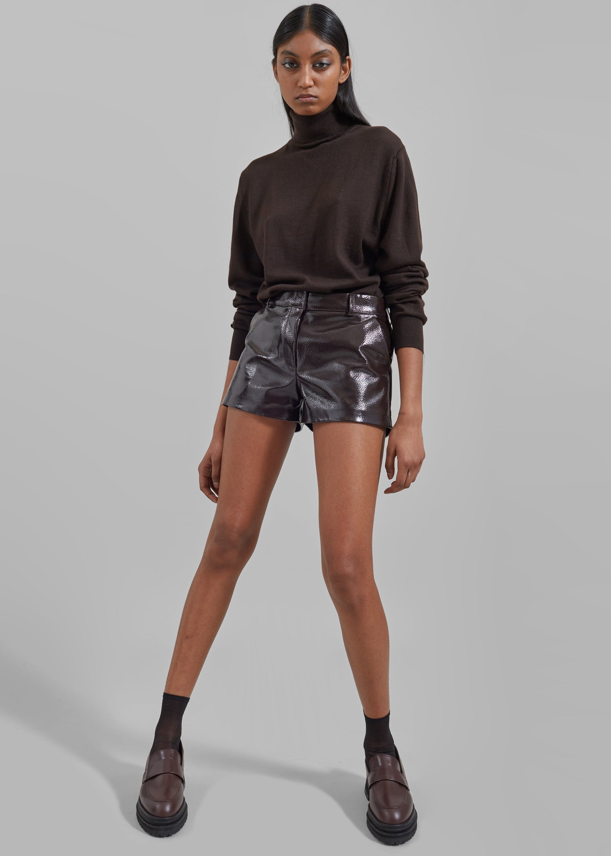 Shop the look image for Kate Crackled Faux Leather Mini Shorts - Brown