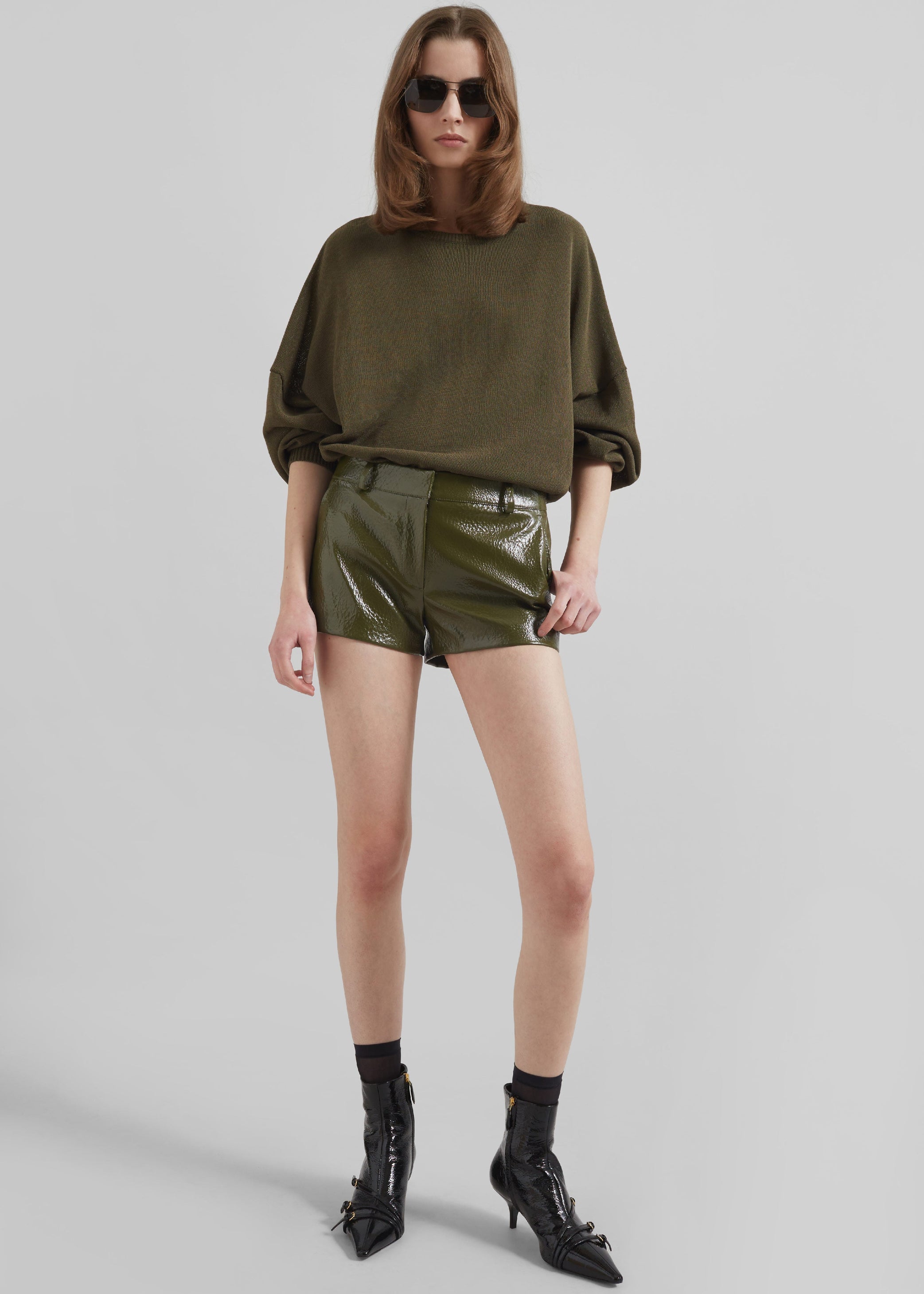 Shop the look image for Kate Crackled Faux Leather Mini Shorts - Olive