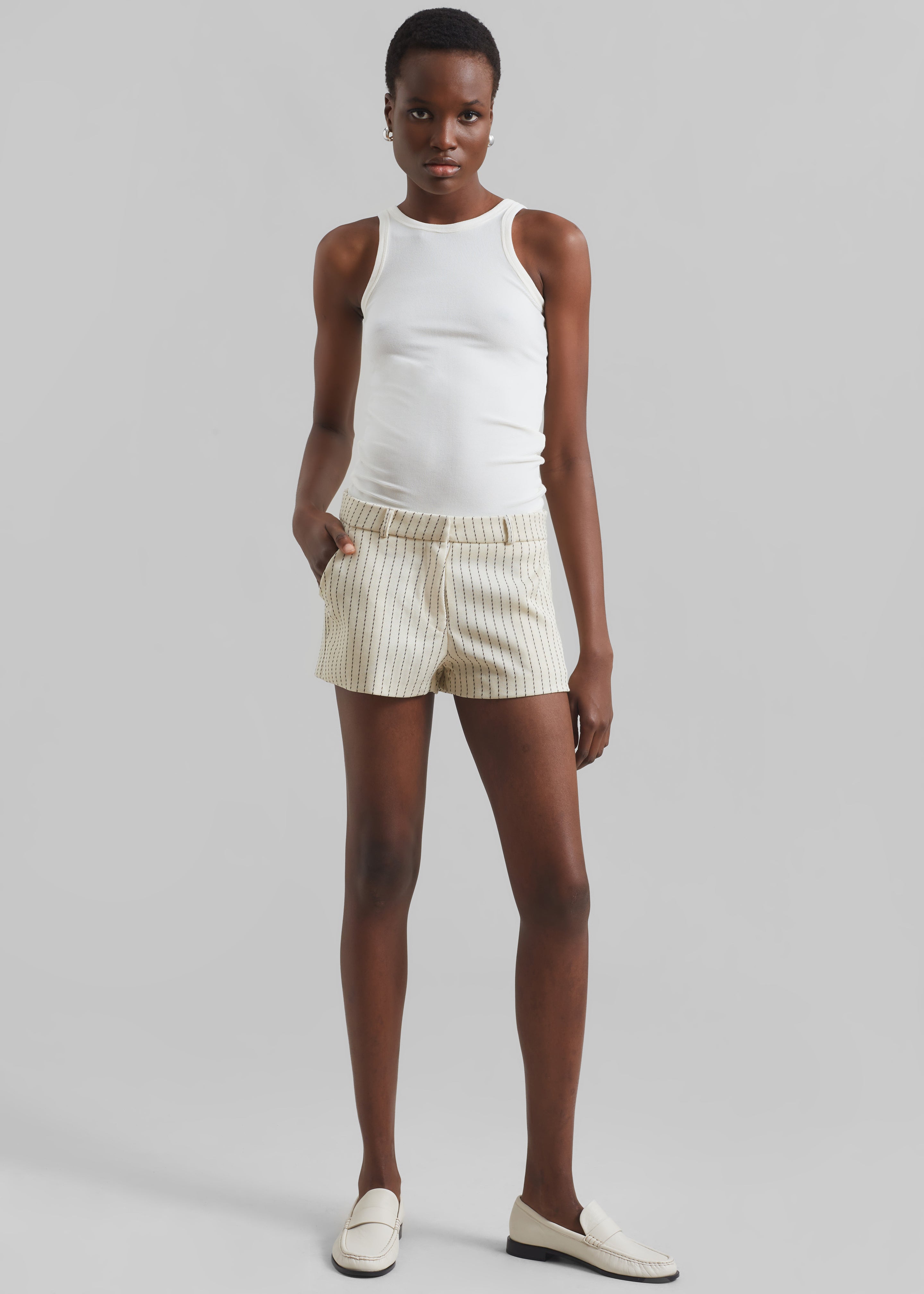 Kate Twill Mini Shorts - Light Beige/Black Pinstripe - 5