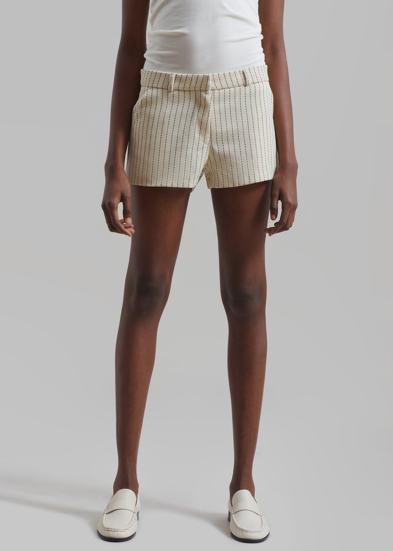 Kate Twill Mini Shorts - Light Beige/Black Pinstripe - 1