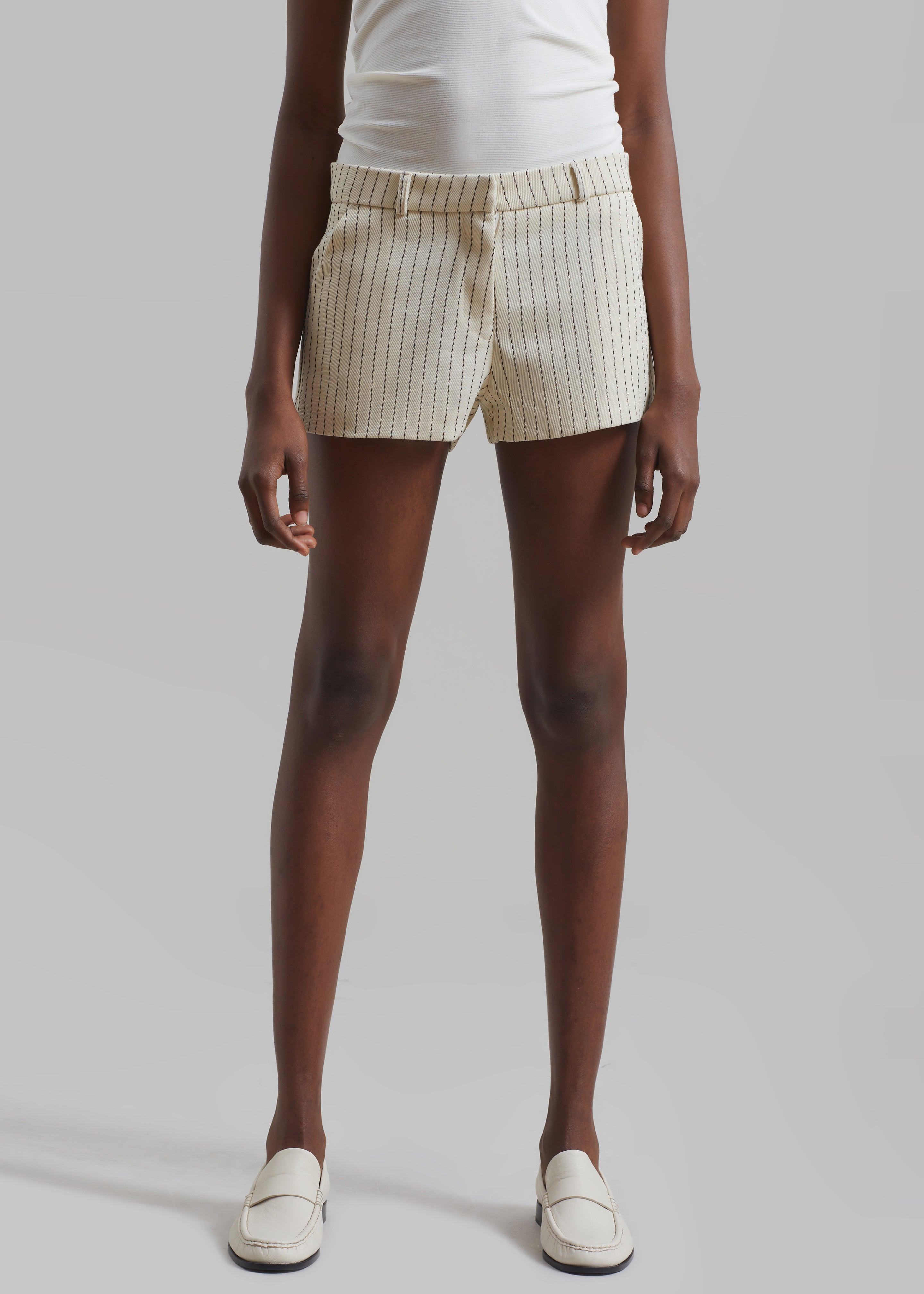 Kate Twill Mini Shorts - Light Beige/Black Pinstripe - 2