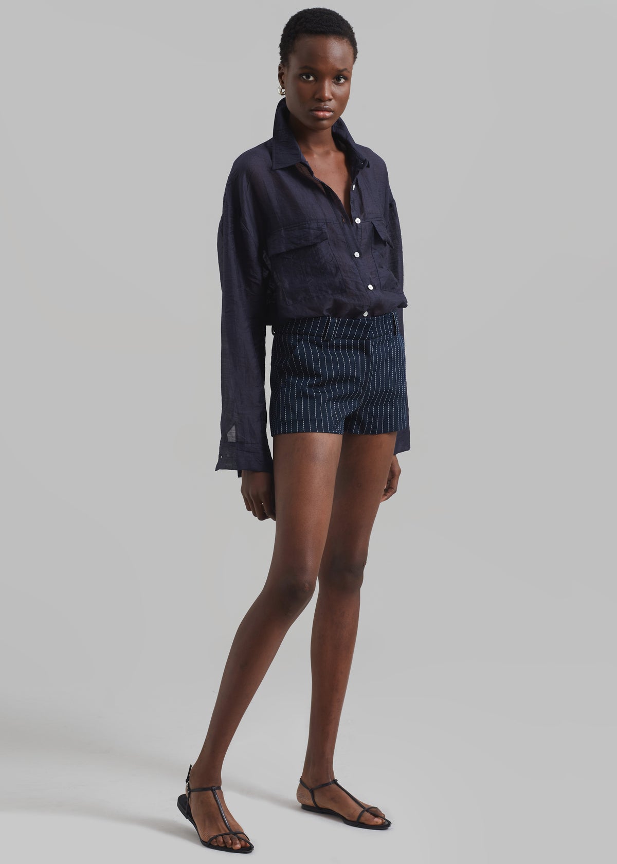 Kate Twill Mini Shorts - Navy/White Pinstripe - 6