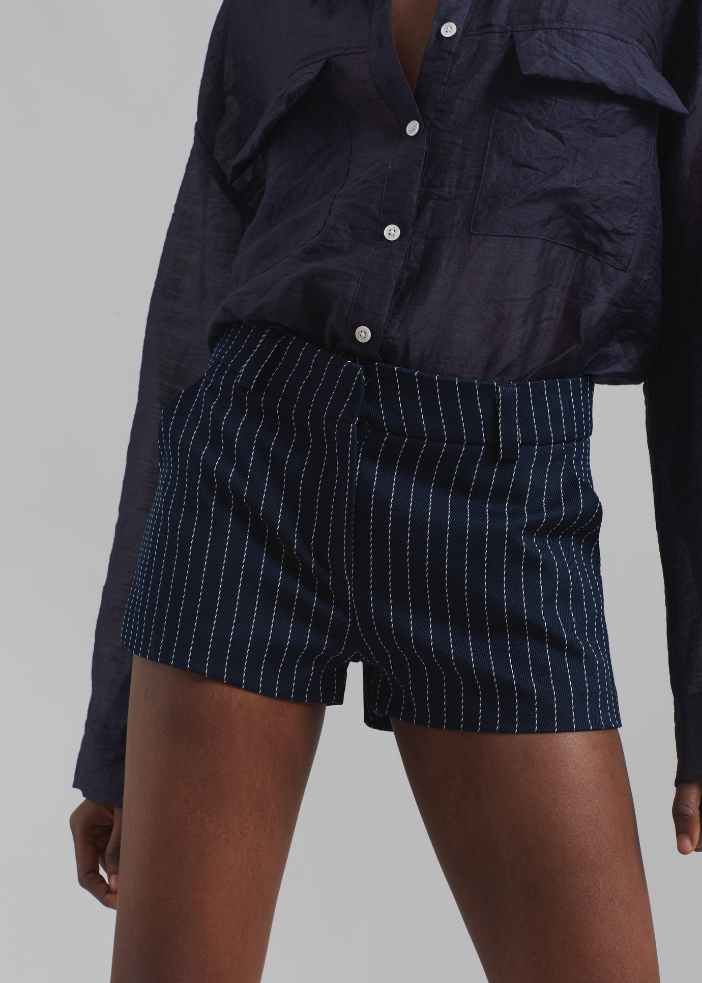 Kate Twill Mini Shorts - Navy/White Pinstripe