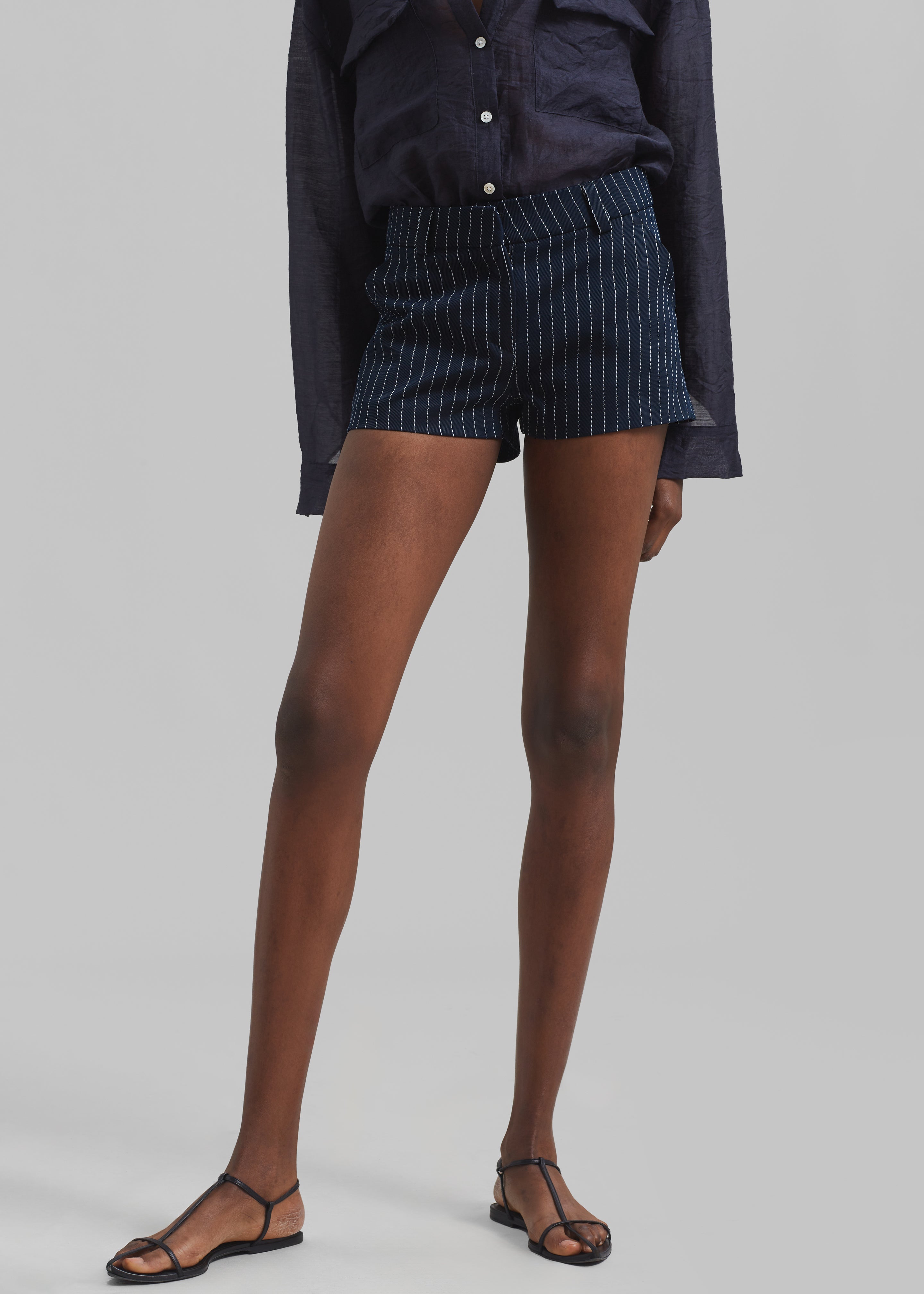 Kate Twill Mini Shorts - Navy/White Pinstripe - 4