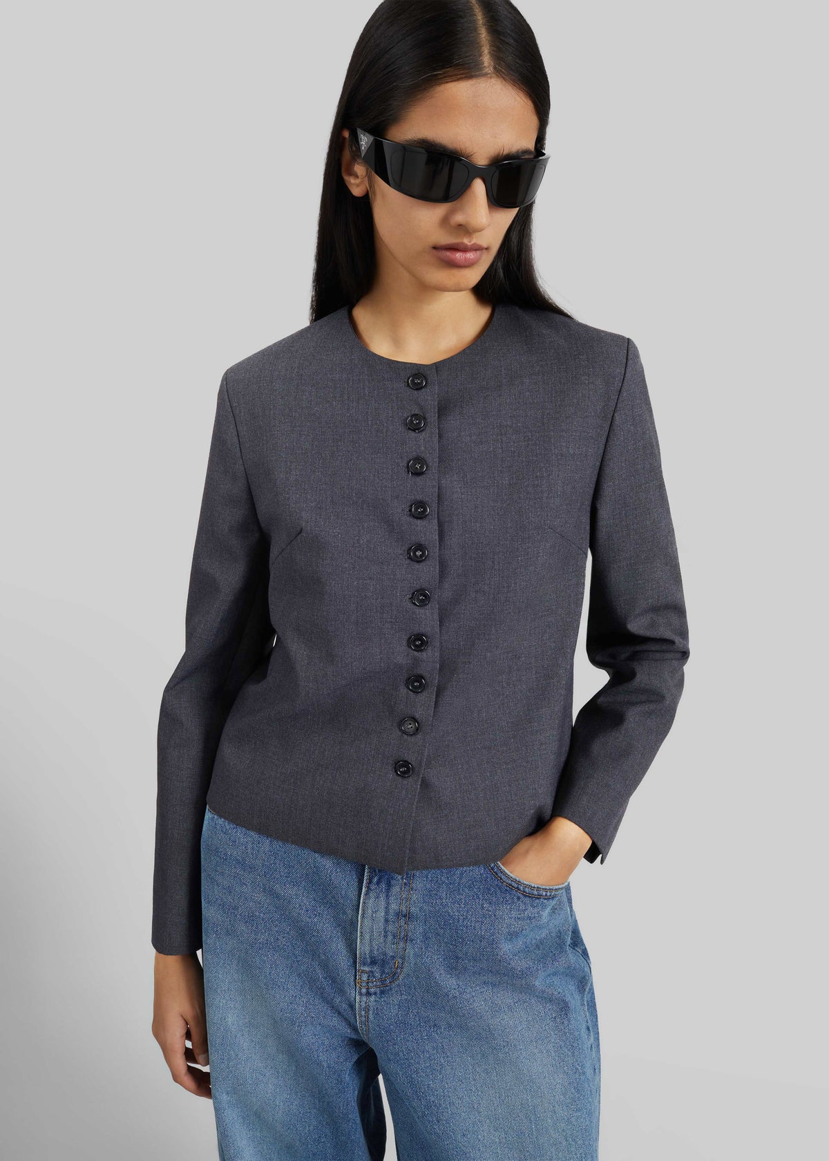 Katya Button-Up Boxy Top - Dark Grey Melange - 7