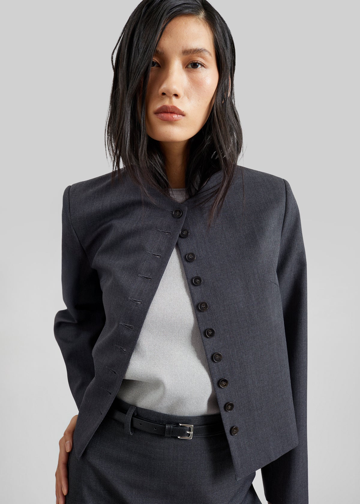Katya Button-Up Boxy Top - Dark Grey Melange - 12