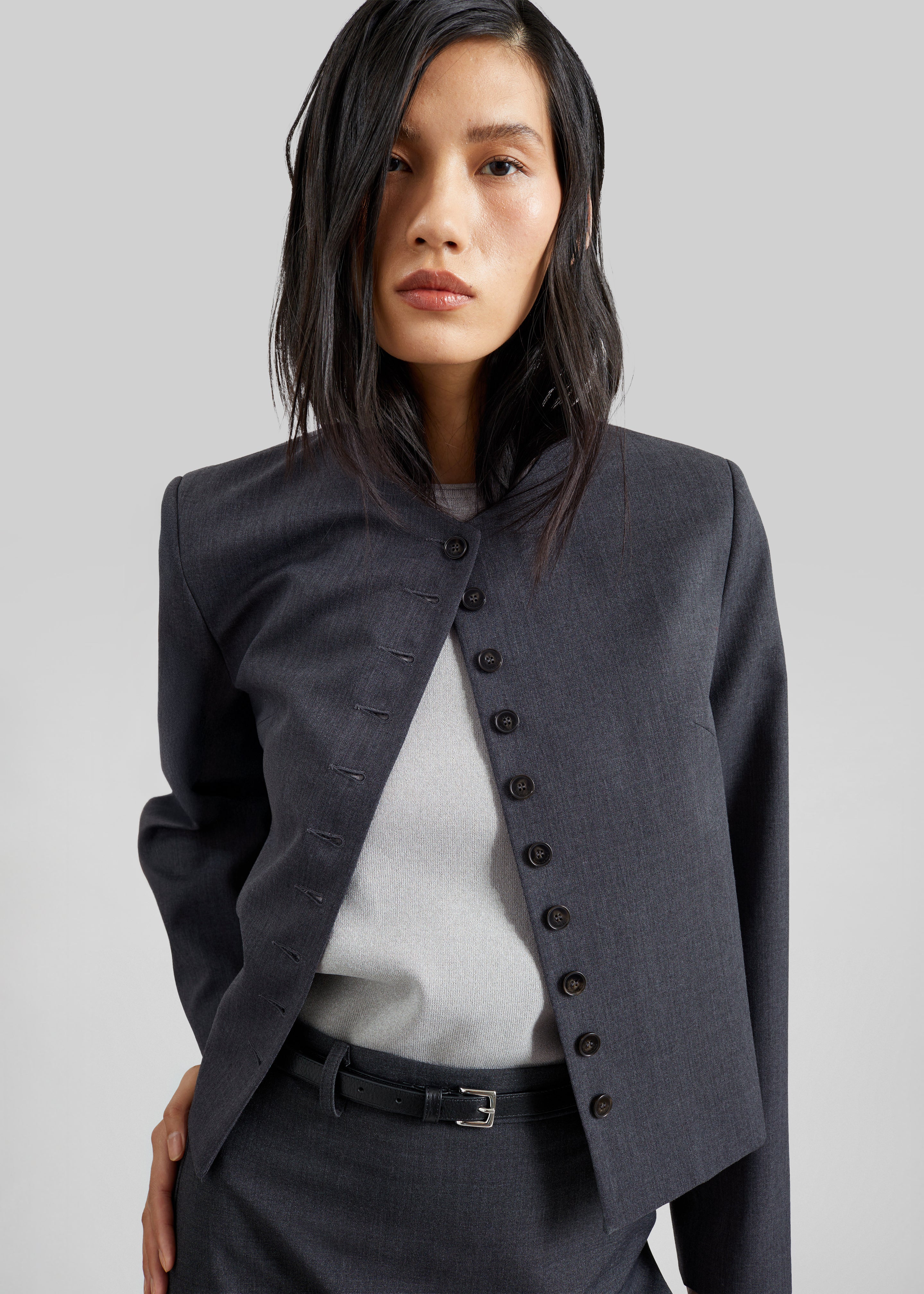 Katya Button-Up Boxy Top - Dark Grey Melange - 12