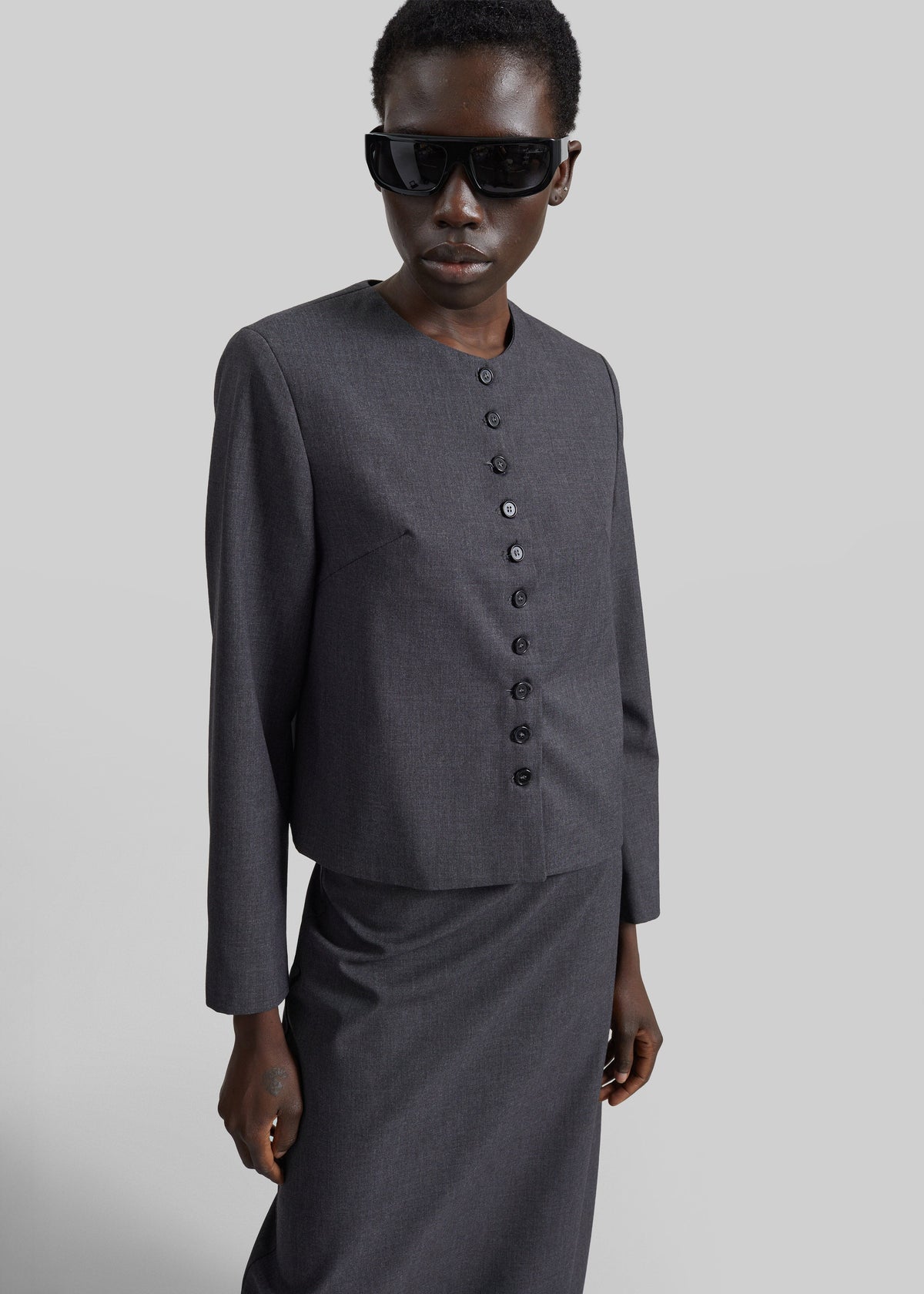 Katya Button-Up Boxy Top - Dark Grey Melange - 1