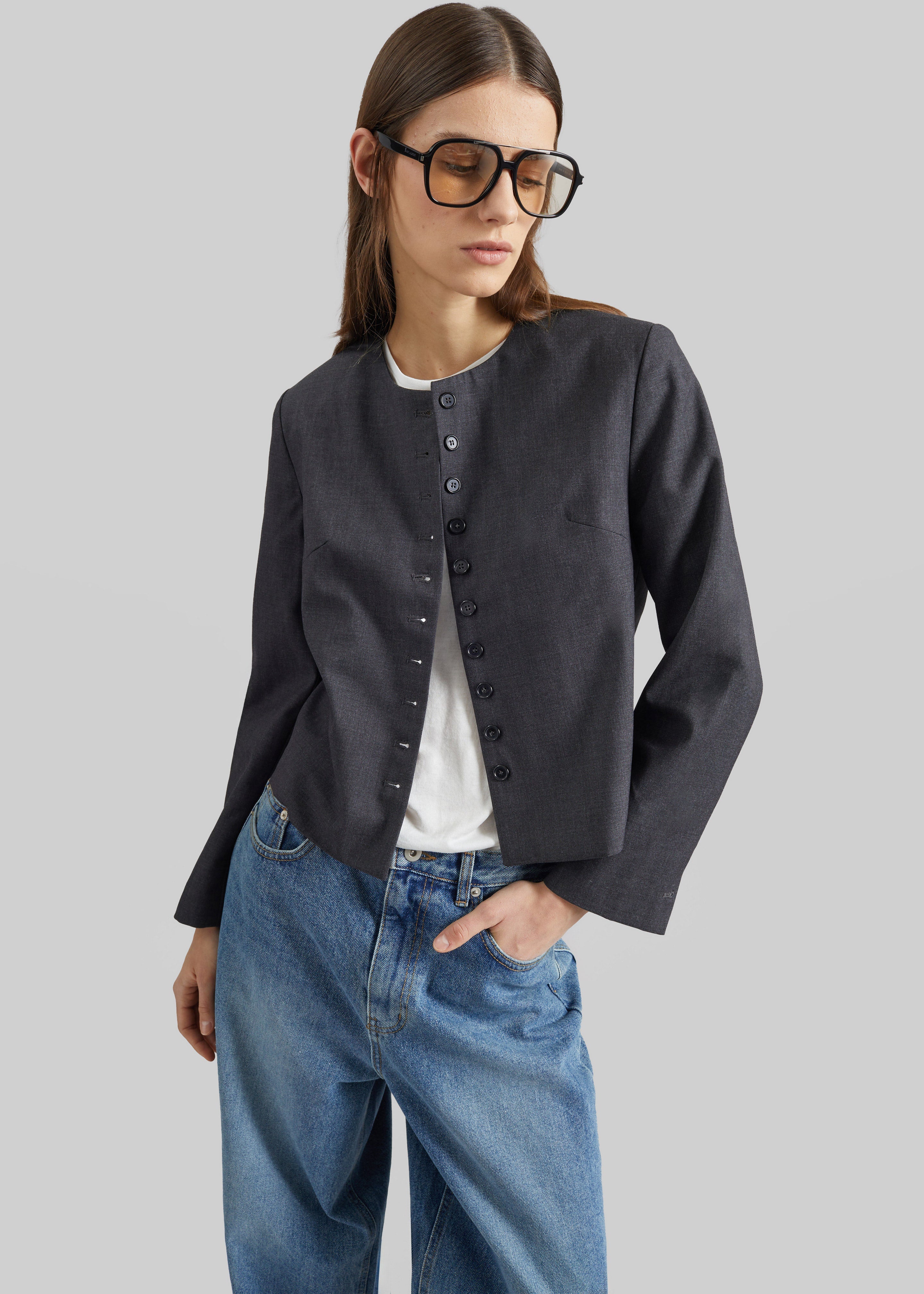 Katya Button-Up Boxy Top - Dark Grey Melange - 3