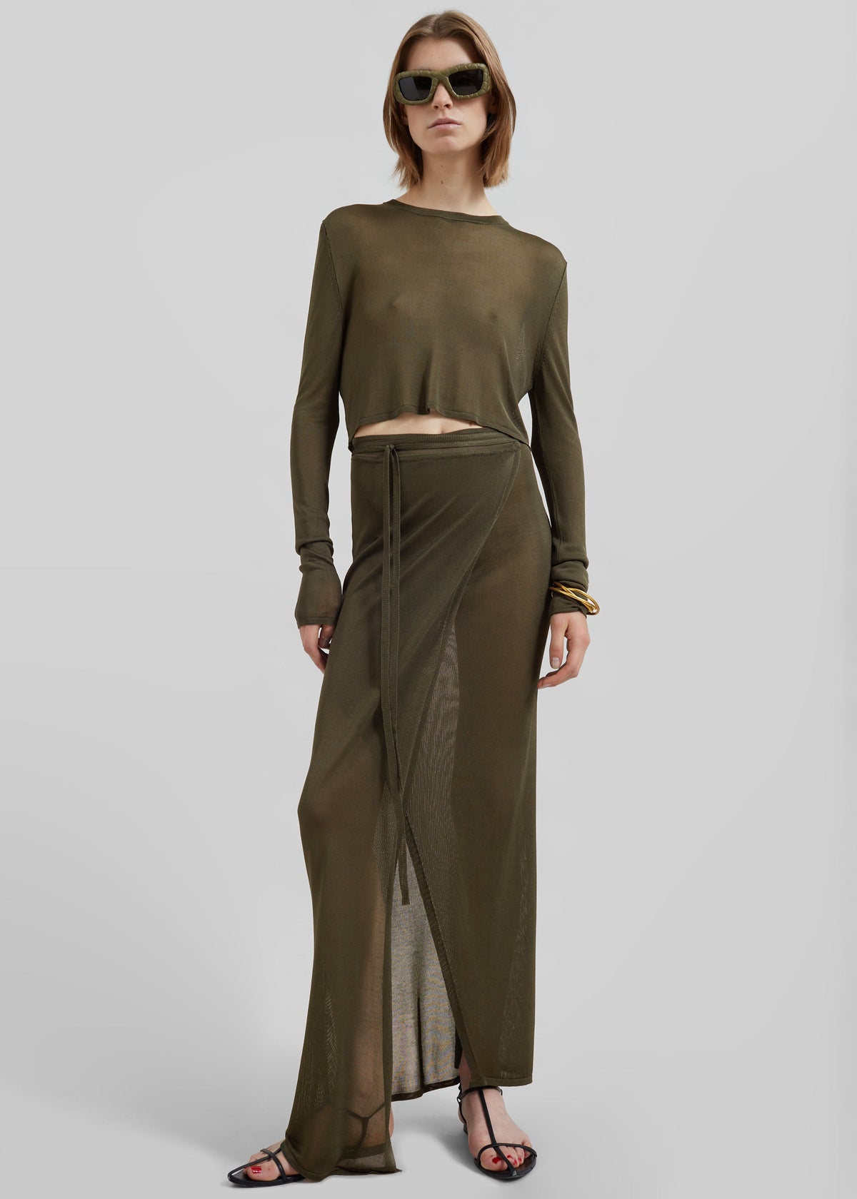 Kazel Cropped Thin Knit Top - Khaki - 3