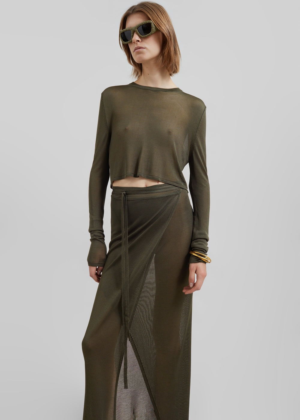 Kazel Cropped Thin Knit Top - Khaki - 1