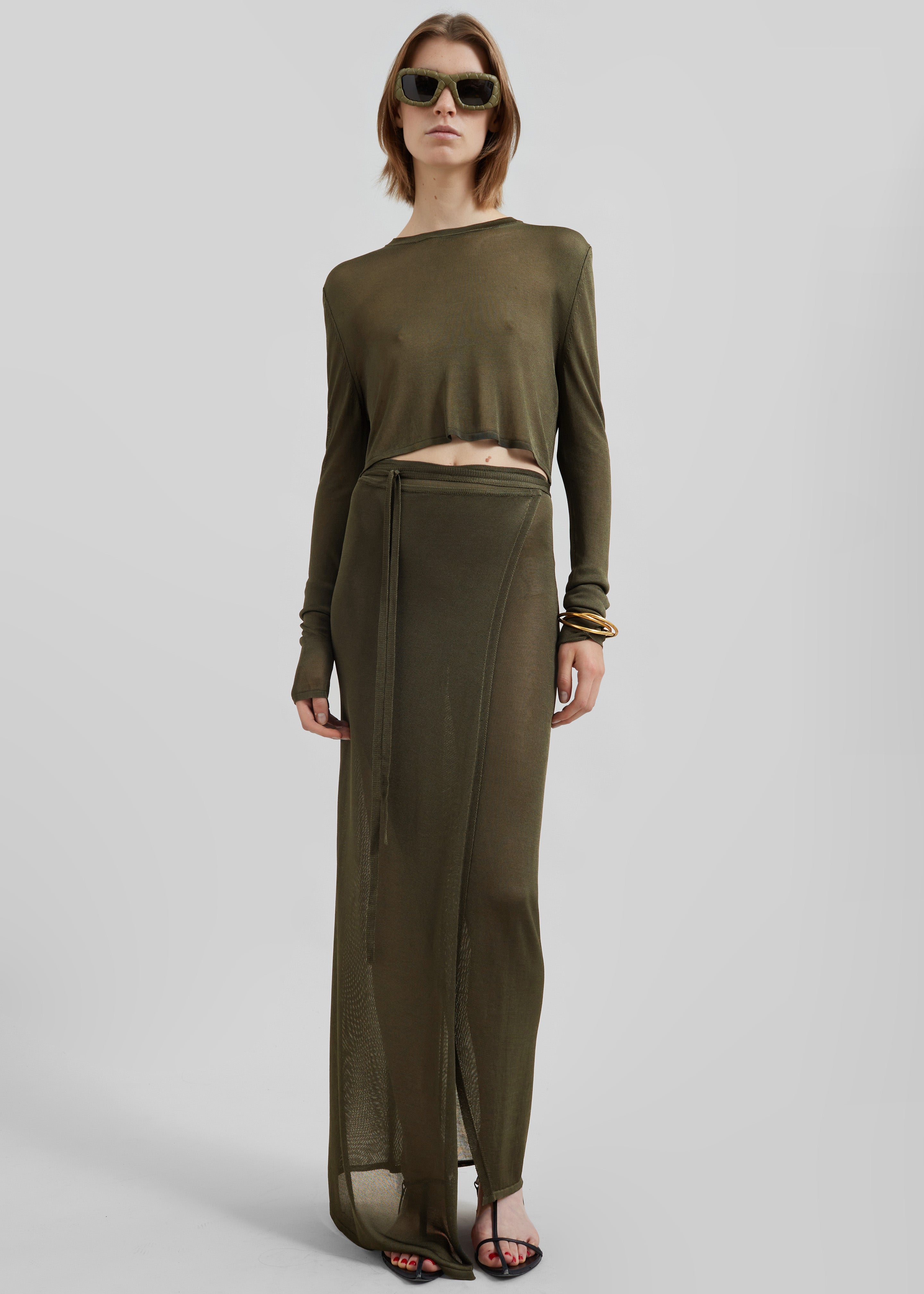 Kazel Cropped Thin Knit Top - Khaki - 6